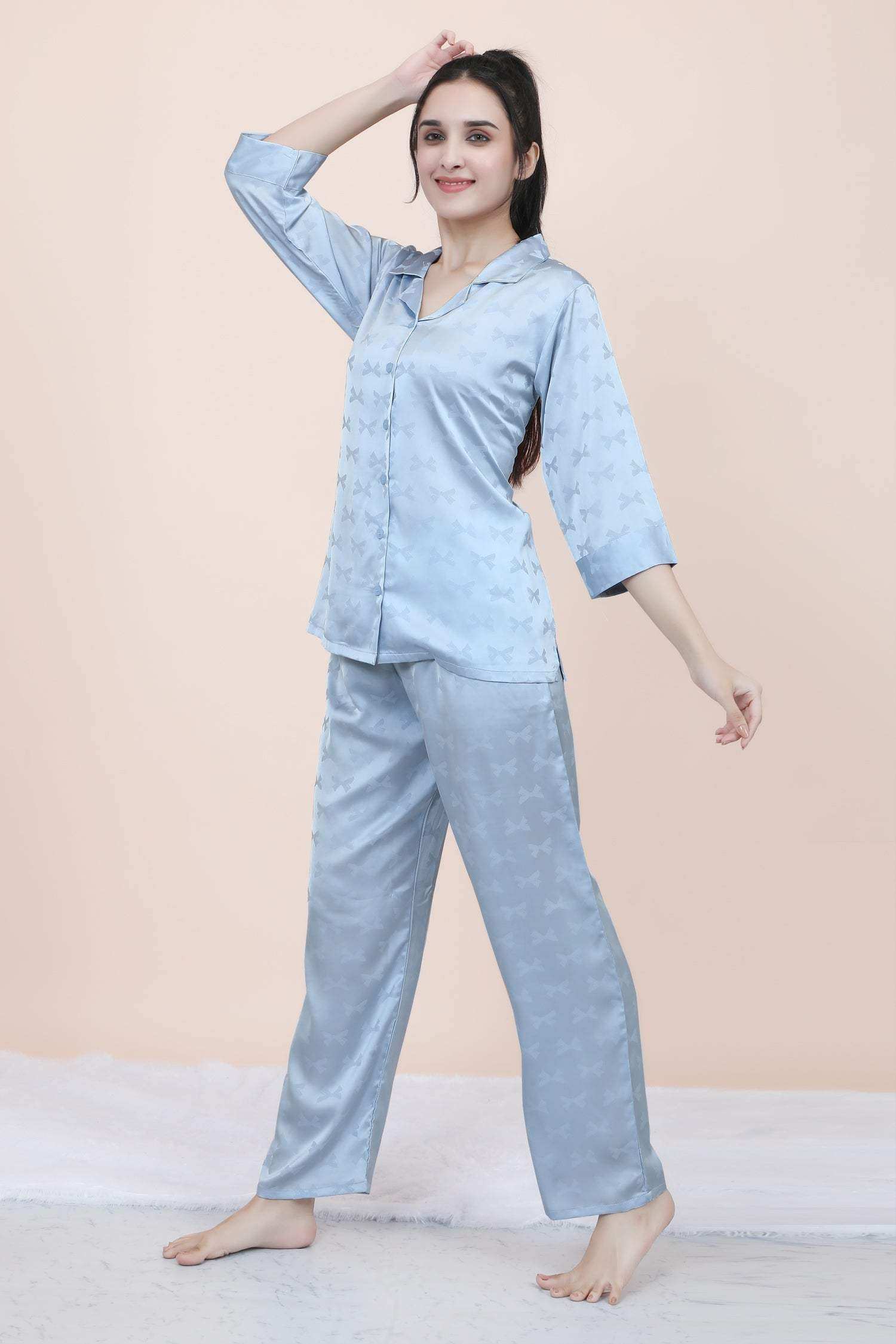 Velure Ethnic Bow Print Satin Night Suit - Velure - - 3/4 Sleeves, Collar Neck, Front Button Open, Full Length Pant, Satin