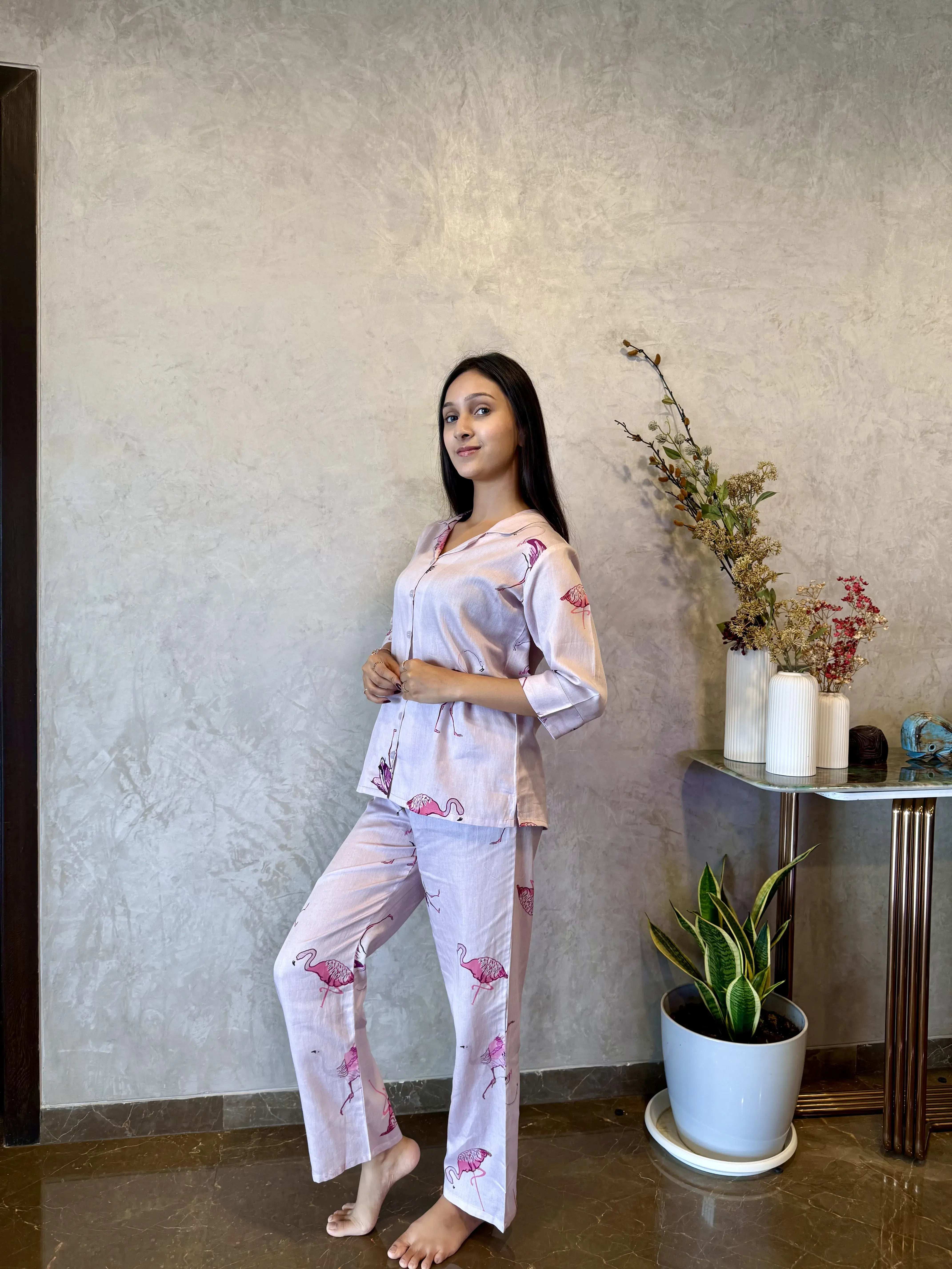 Velure Adorable Pink Flamingo Print Cotton Night Suit
