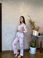 Velure Adorable Pink Flamingo Print Cotton Night Suit - Velure - - 3/4 Sleeves, Collar Neck, Cotton, Front Button Open, Full Length Pant, Printed