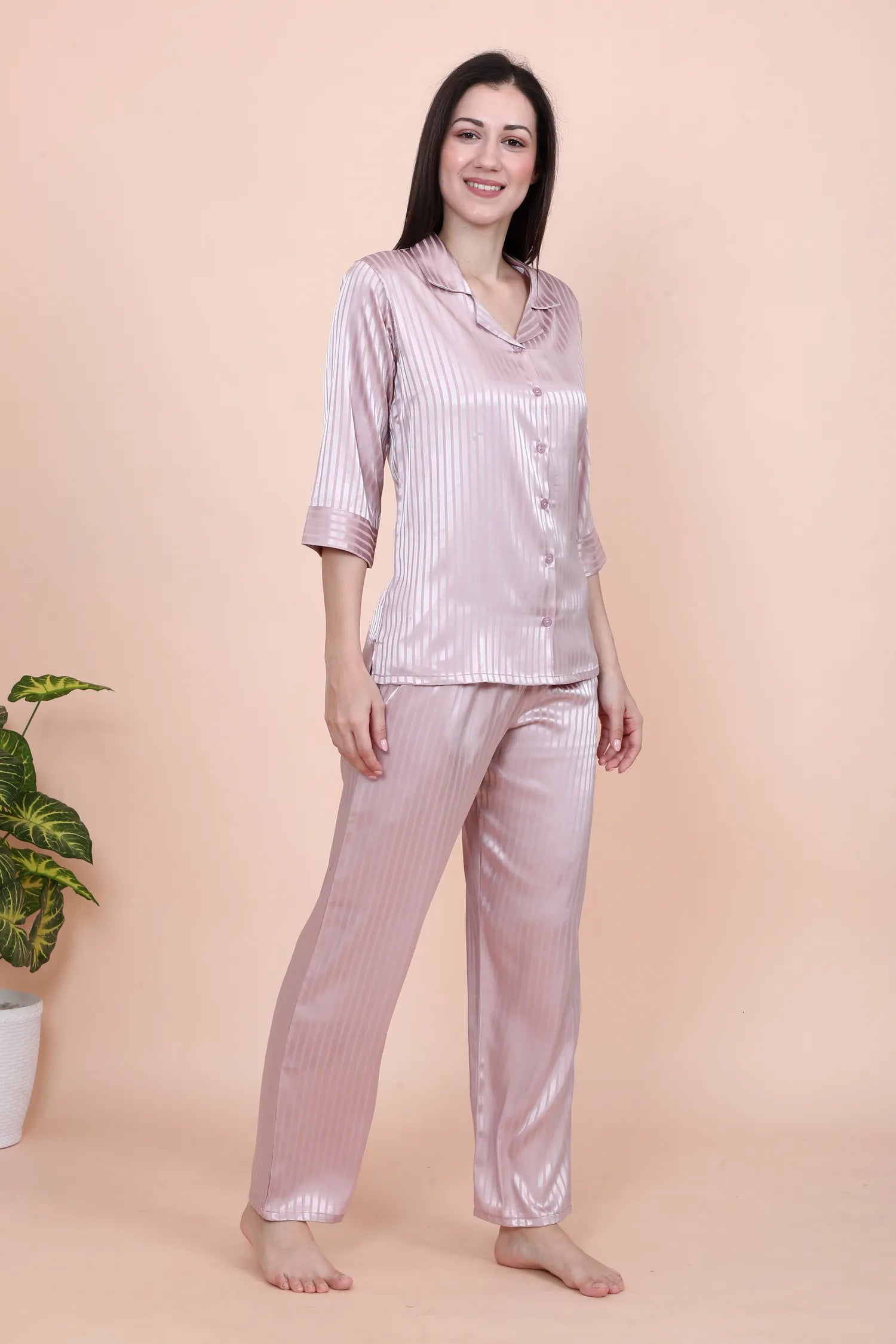 Velure Peach Casual Stripes Satin Night Suit