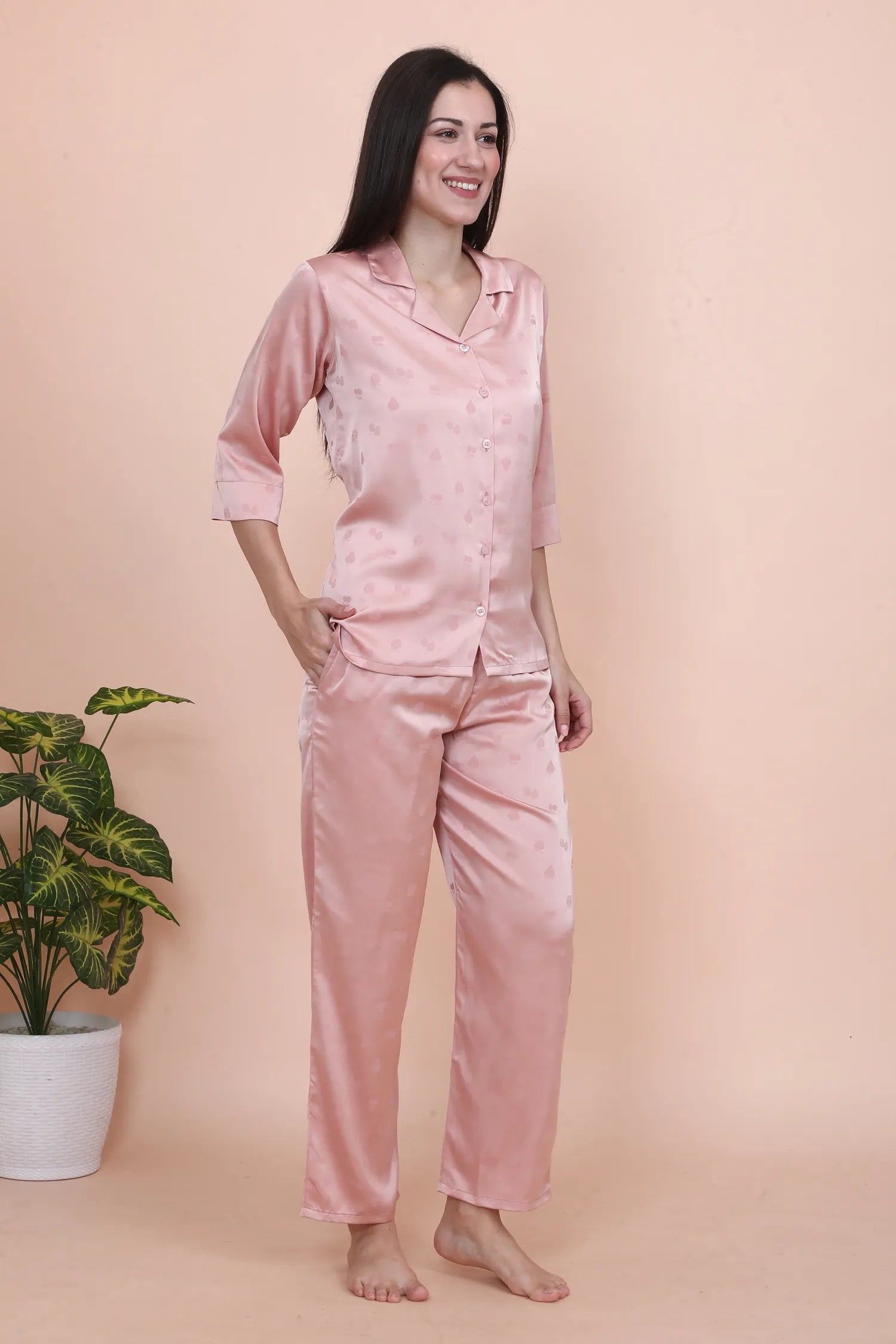 Velure Peach Cherry Print Satin Night Suit - Velure - - 3/4 Sleeves, Collar Neck, Front Button Open, Full Length Pant, Round neck, Satin