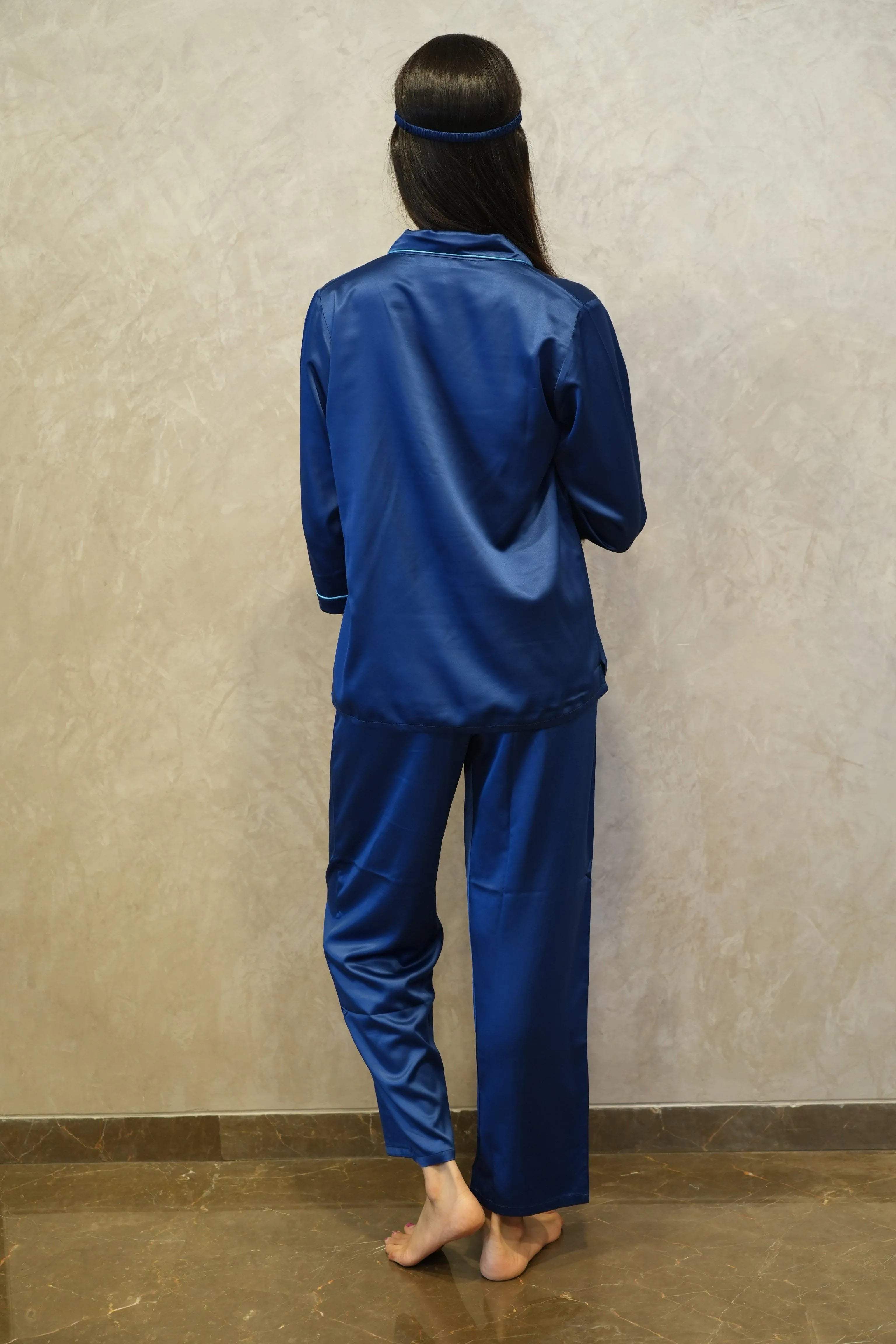 Velure Flerry Red Satin Night Suit - Velure - - 3/4 Sleeves, Collar Neck, Eye Mask, Front Button Open, Full Length Pant, Satin