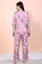 Velure Pink Floral Print Satin Night Suit - Velure - - Floral Print, Front Button Open, Full Length Pant, Satin, V Neck