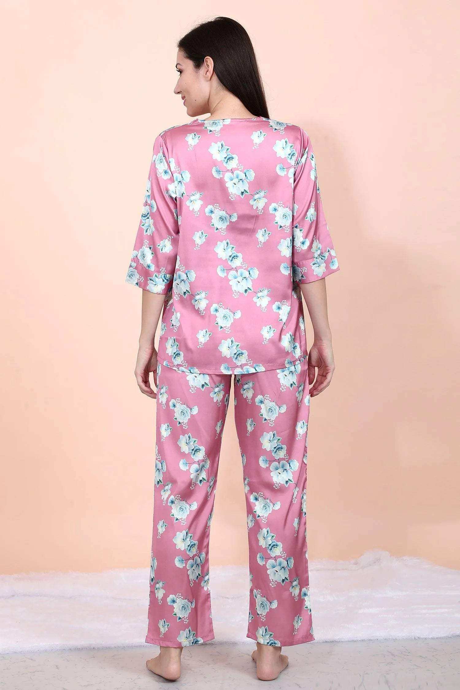 Velure Pink Floral Print Satin Night Suit - Velure - - Floral Print, Front Button Open, Full Length Pant, Satin, V Neck