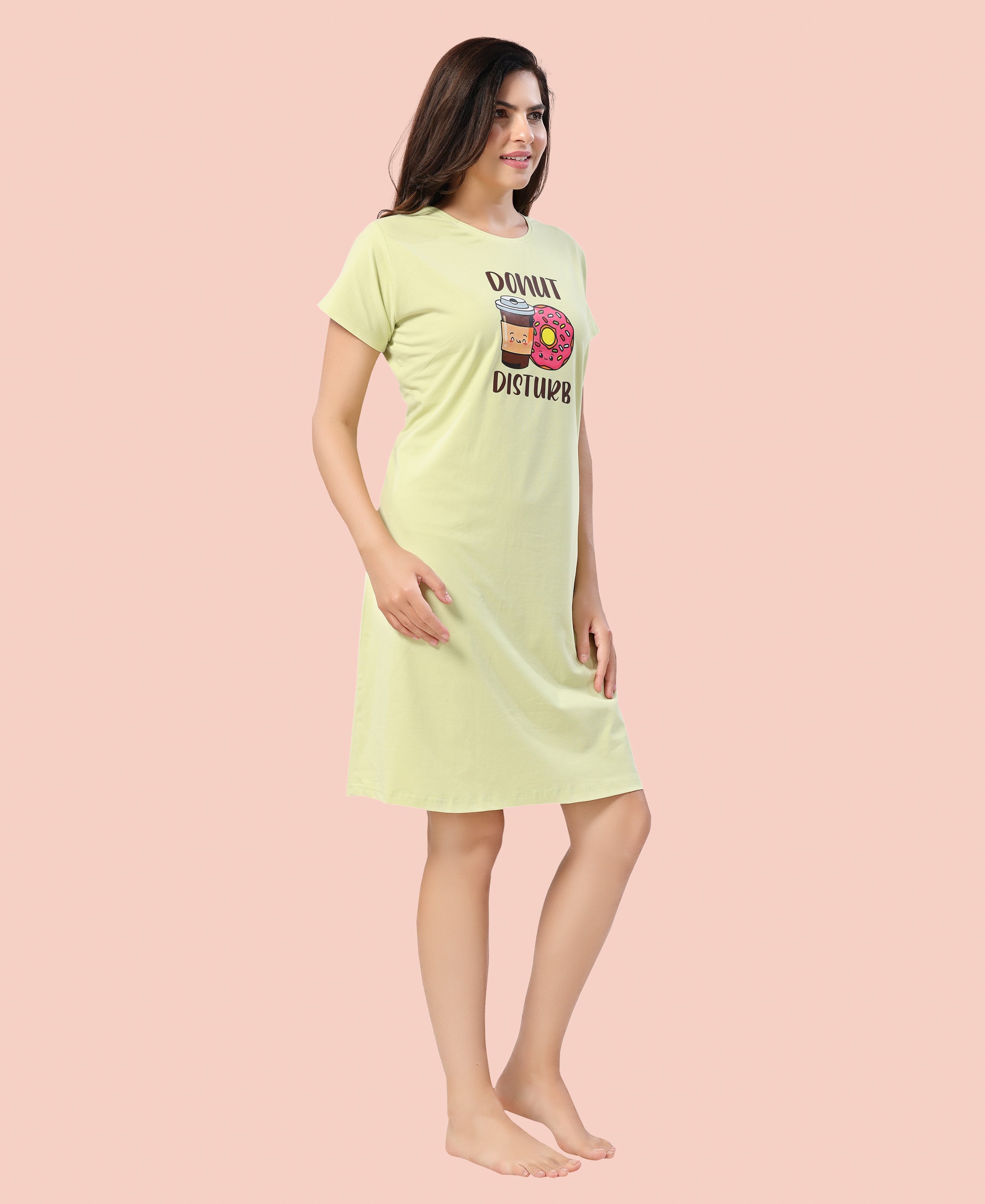 Velure Relaxed Donut Print Short Nighty - Velure - - Cotton, Half Sleeves, Knee Length, Printed, Round neck