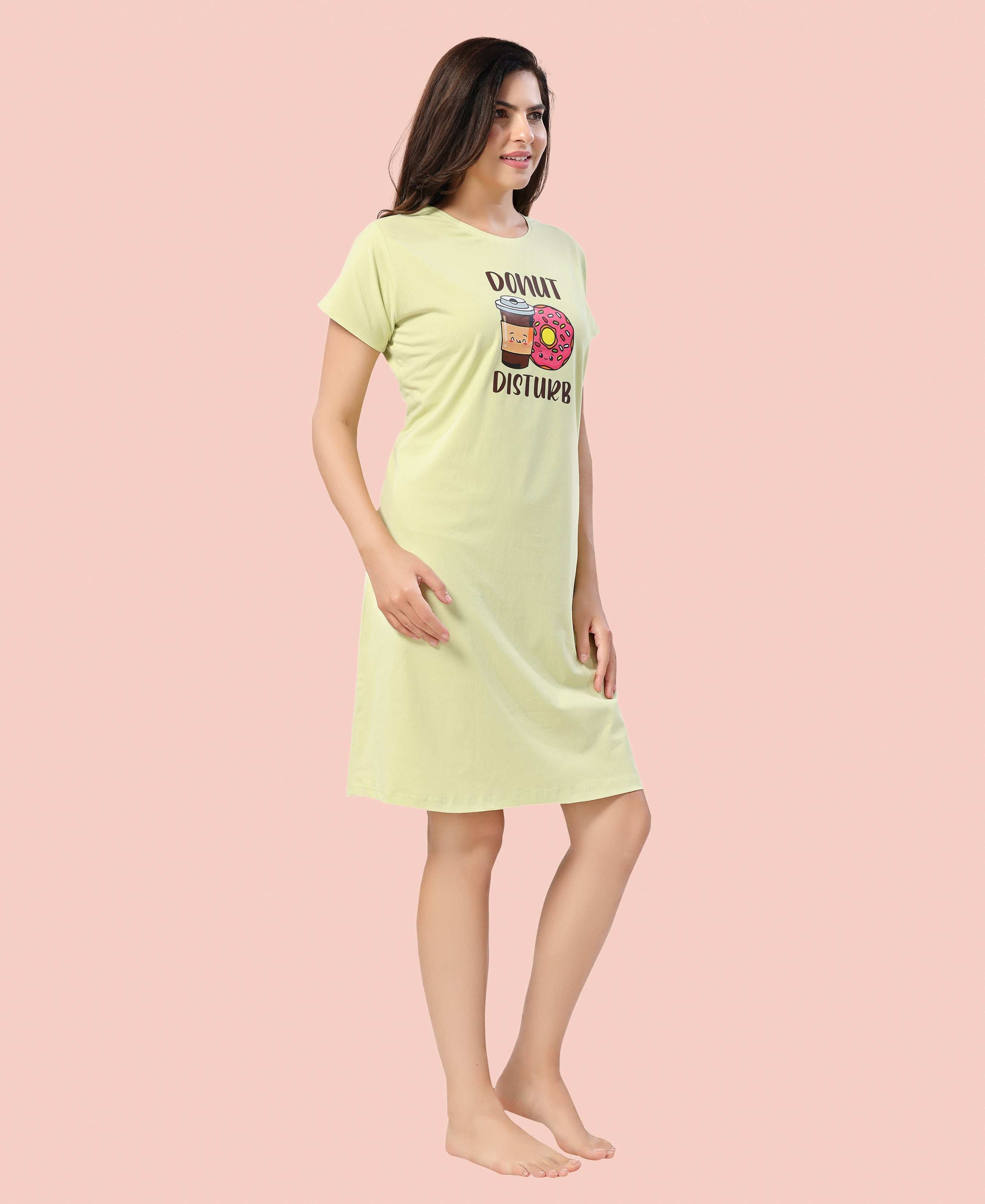 Velure Relaxed Donut Print Short Nighty - Velure - - Cotton, Half Sleeves, Knee Length, Printed, Round neck