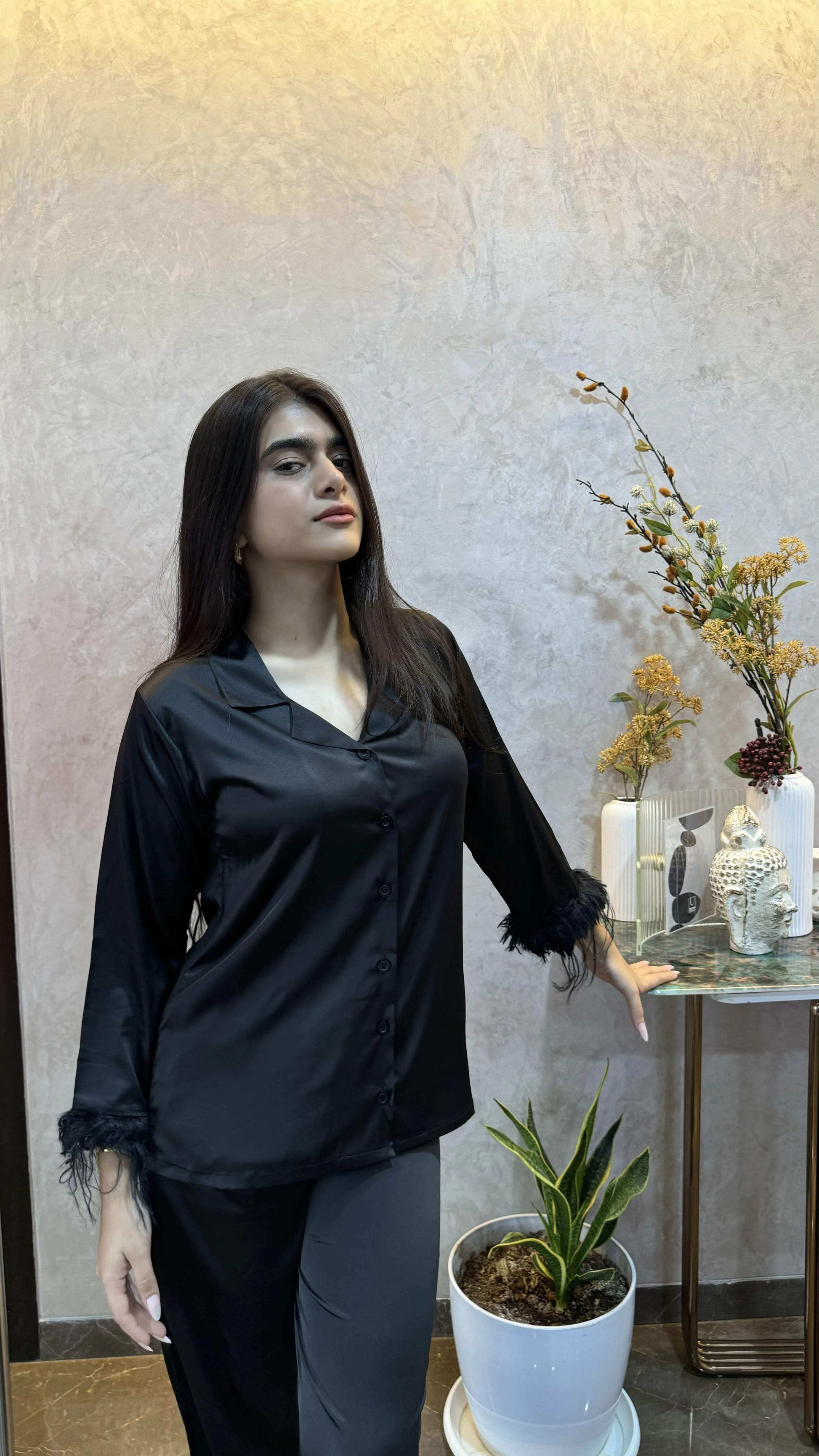 Velure Majestic Black Fur Night Suit - Velure - Shirt and Pant - Collar Neck, Front Button Open, Full Length Pant, Full Sleeves, Fur, Satin