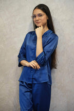 Velure Magnificent Satin Night Suit - Velure - - 3/4 Sleeves, Collar Neck, Eye Mask, Front Button Open, Full Length Pant, Satin