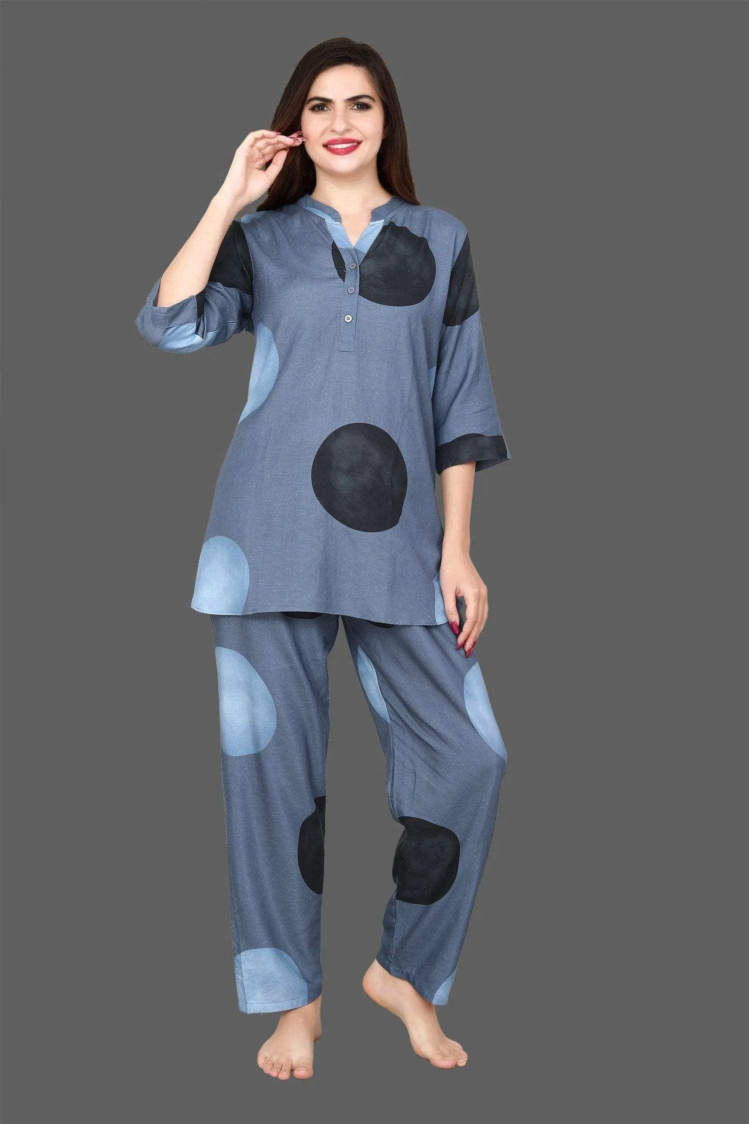 Velure Dazzling Polka Dot Print Kurti Style Night Suit - Velure - - 3/4 Sleeves, Collar Neck, Full Length Pant, Linen, Printed