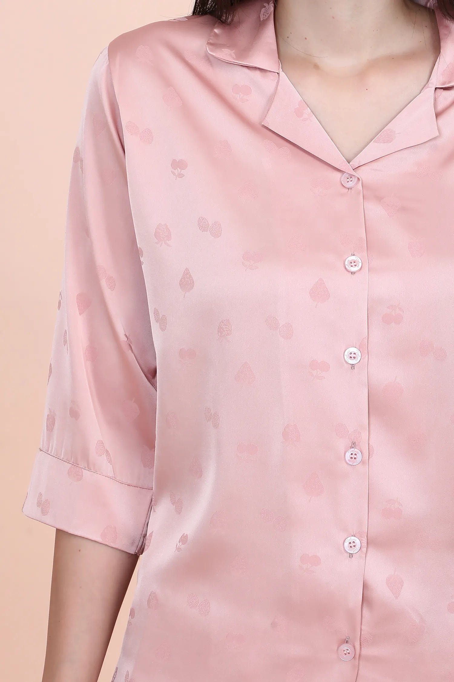 Velure Peach Cherry Print Satin Night Suit - Velure - - 3/4 Sleeves, Collar Neck, Front Button Open, Full Length Pant, Round neck, Satin