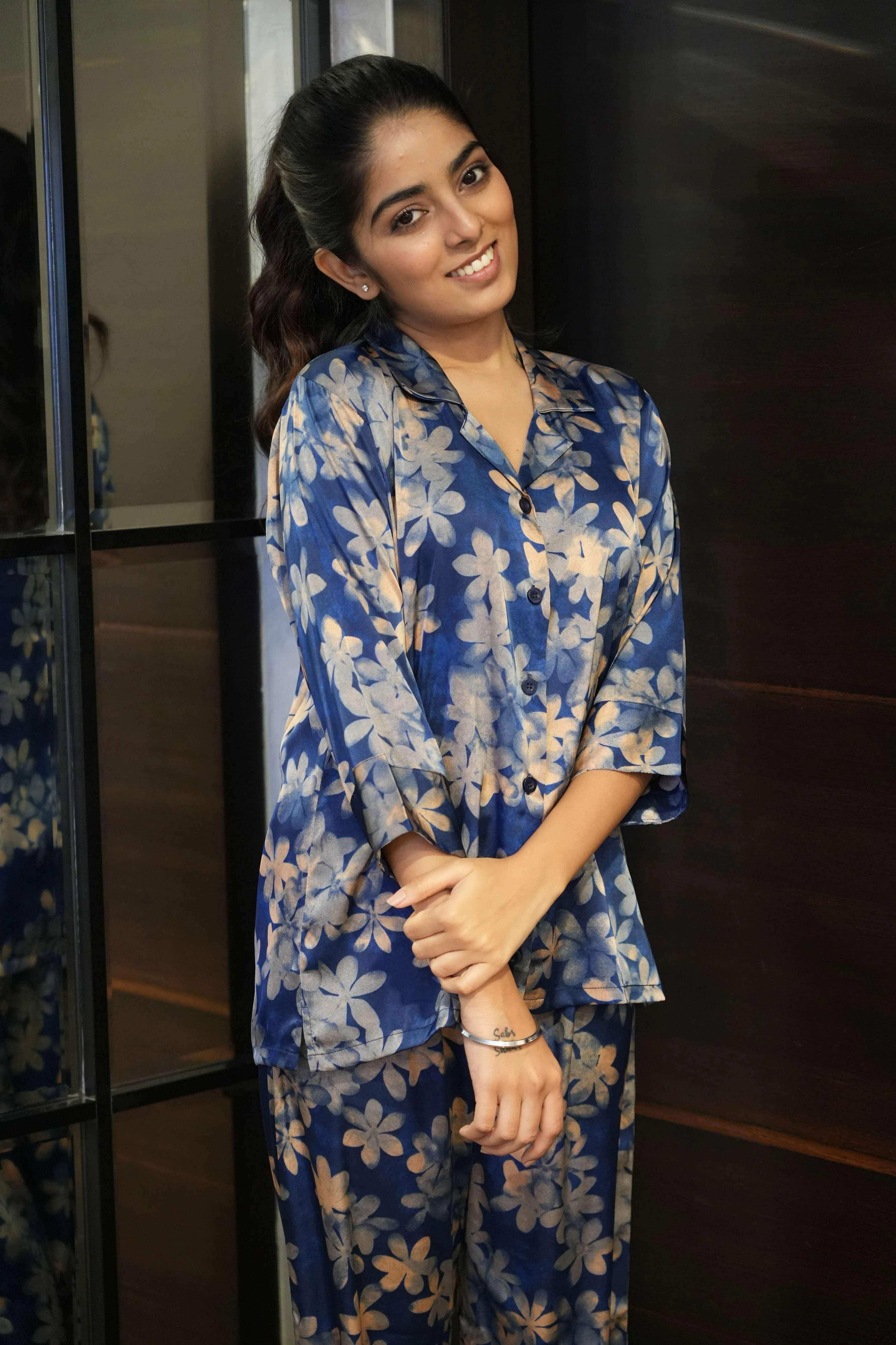 Velure Royal Floral Print Night Suit - Velure - - 3/4 Sleeves, Collar Neck, Floral Print, Front Button Open, Full Length Pant, Satin