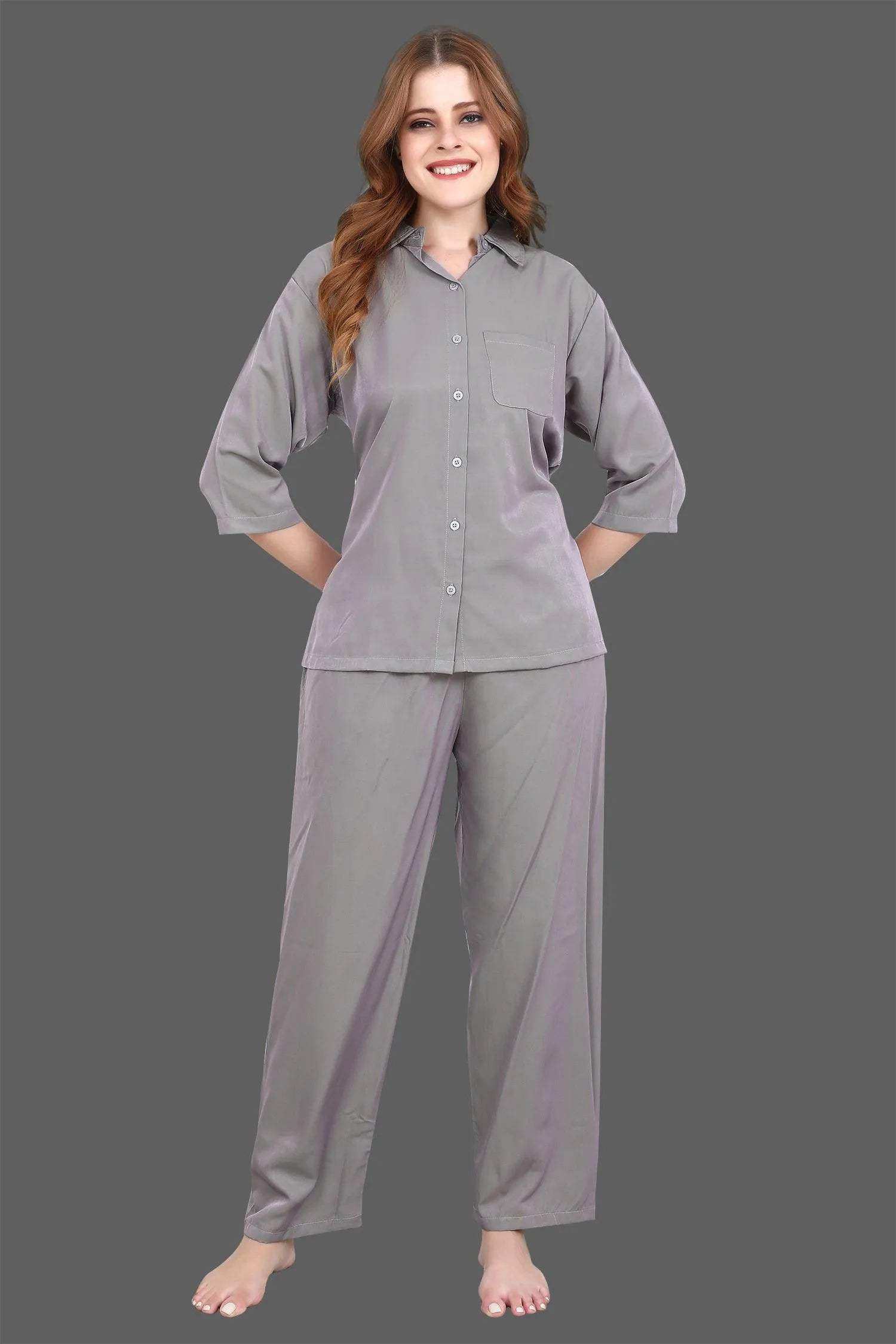 Velure Solid Grey Casual Co-ord Set - Velure - - 3/4 Sleeves, Collar Neck, Cotton, Front Button Open, Full Length Pant