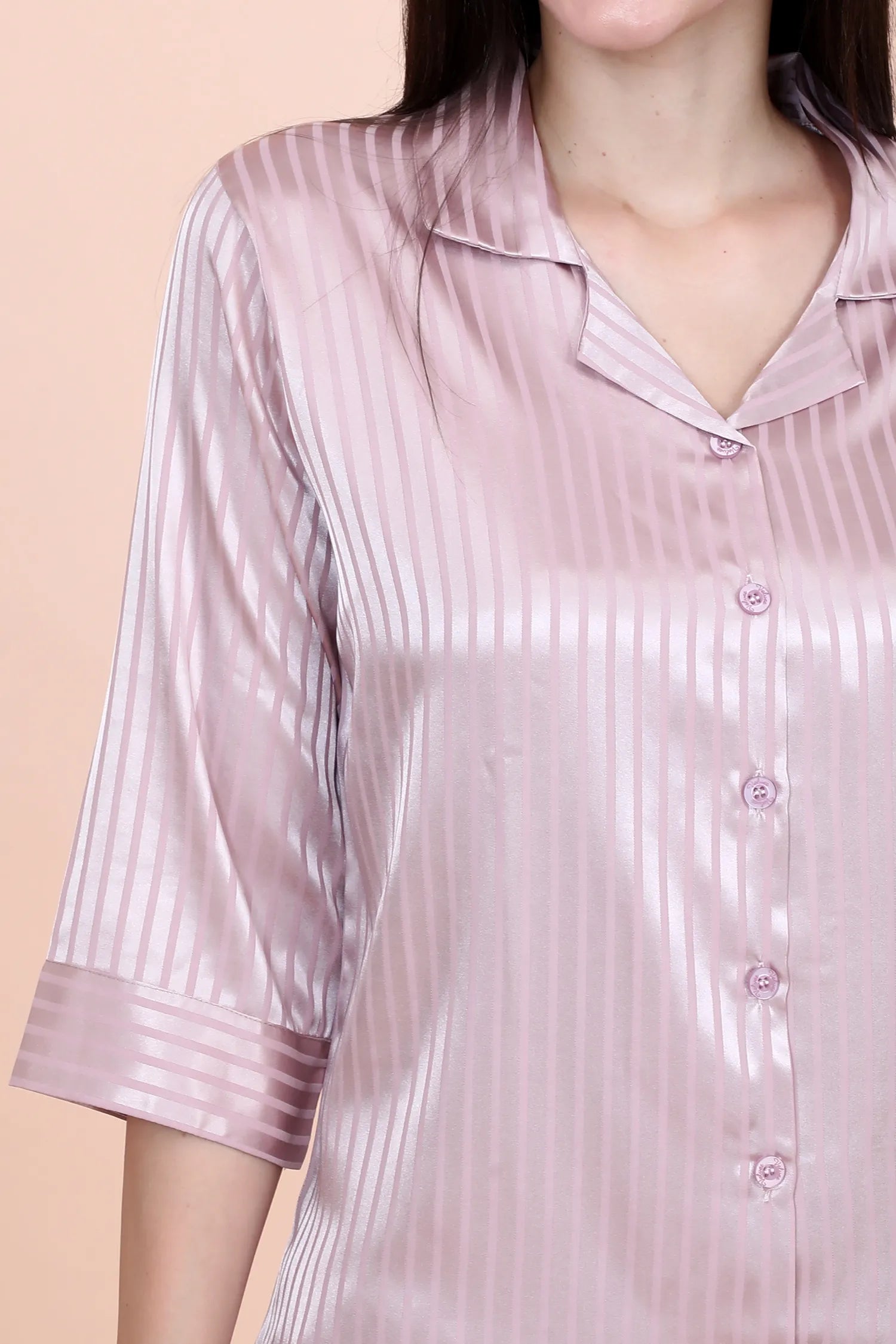 Velure Peach Casual Stripes Satin Night Suit