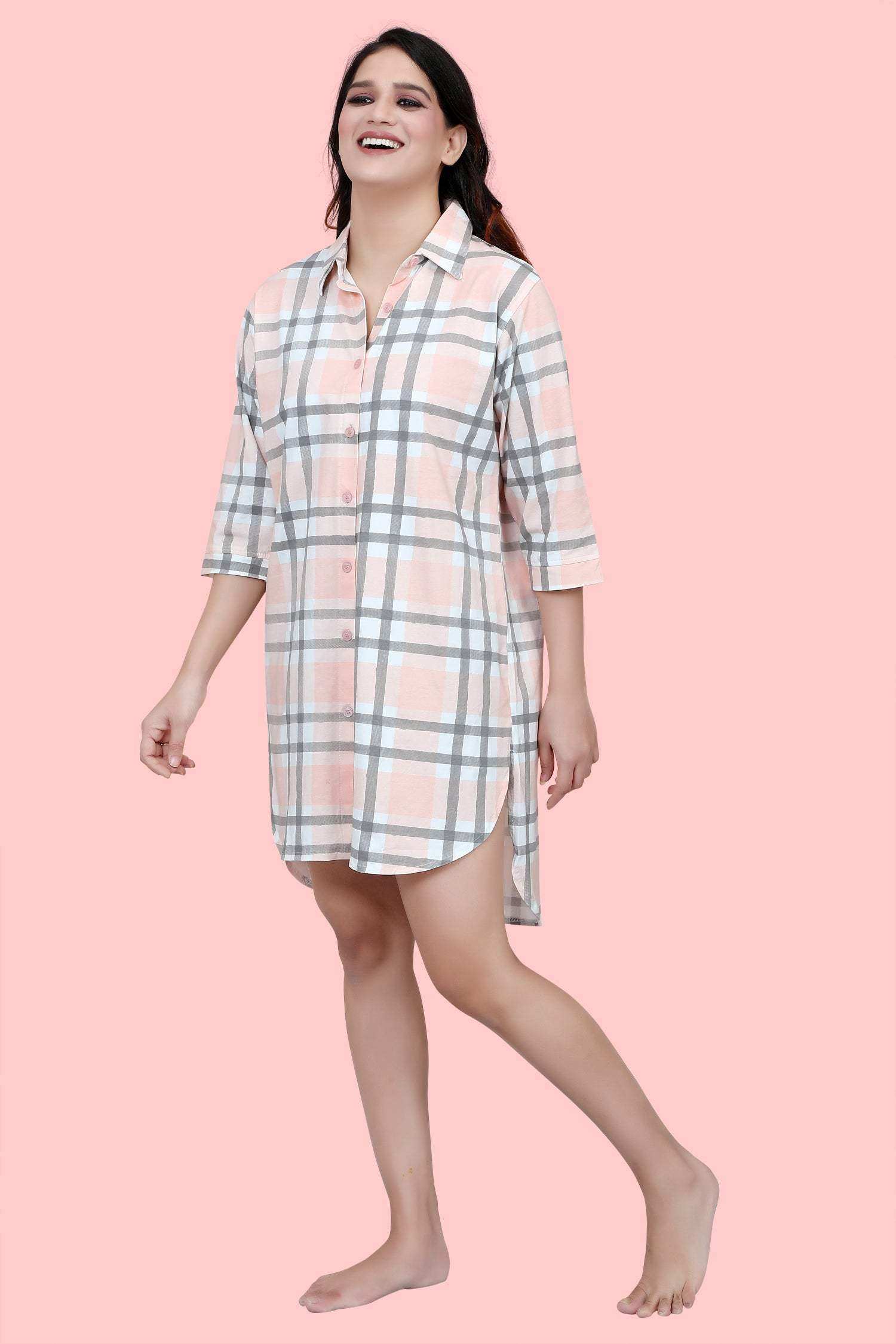 Velure Peach Checked Short Night Shirt - Velure - - 3/4 Sleeves, Collar Neck, Cotton, Front Button Open