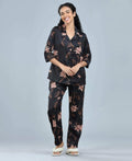 Velure Beautiful Floral Satin Print Night Suit - Velure - - 3/4 Sleeves, Collar Neck, Floral Print, Front Button Open, Full Length Pant, Satin
