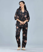 Velure Beautiful Floral Satin Print Night Suit - Velure - - 3/4 Sleeves, Collar Neck, Floral Print, Front Button Open, Full Length Pant, Satin