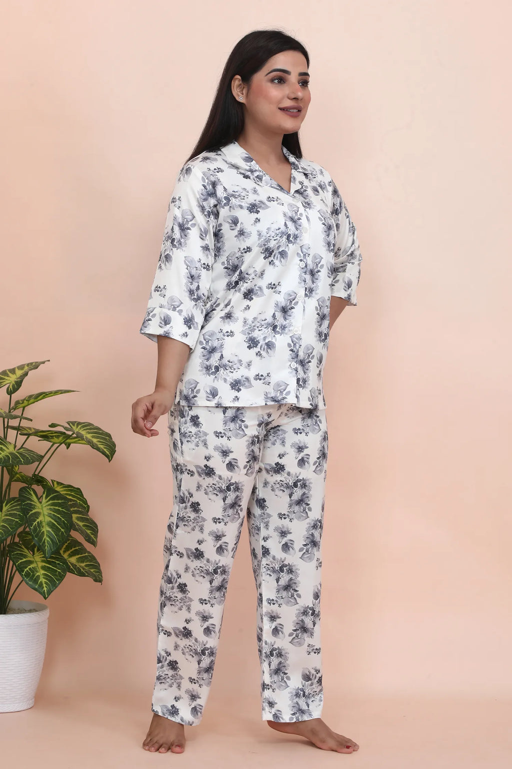 Velure Luxurious Cream Satin Night Suit - Velure - - 3/4 Sleeves, Collar Neck, Floral Print, Front Button Open, Full Length Pant, Satin
