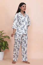 Velure Luxurious Cream Satin Night Suit - Velure - - 3/4 Sleeves, Collar Neck, Floral Print, Front Button Open, Full Length Pant, Satin
