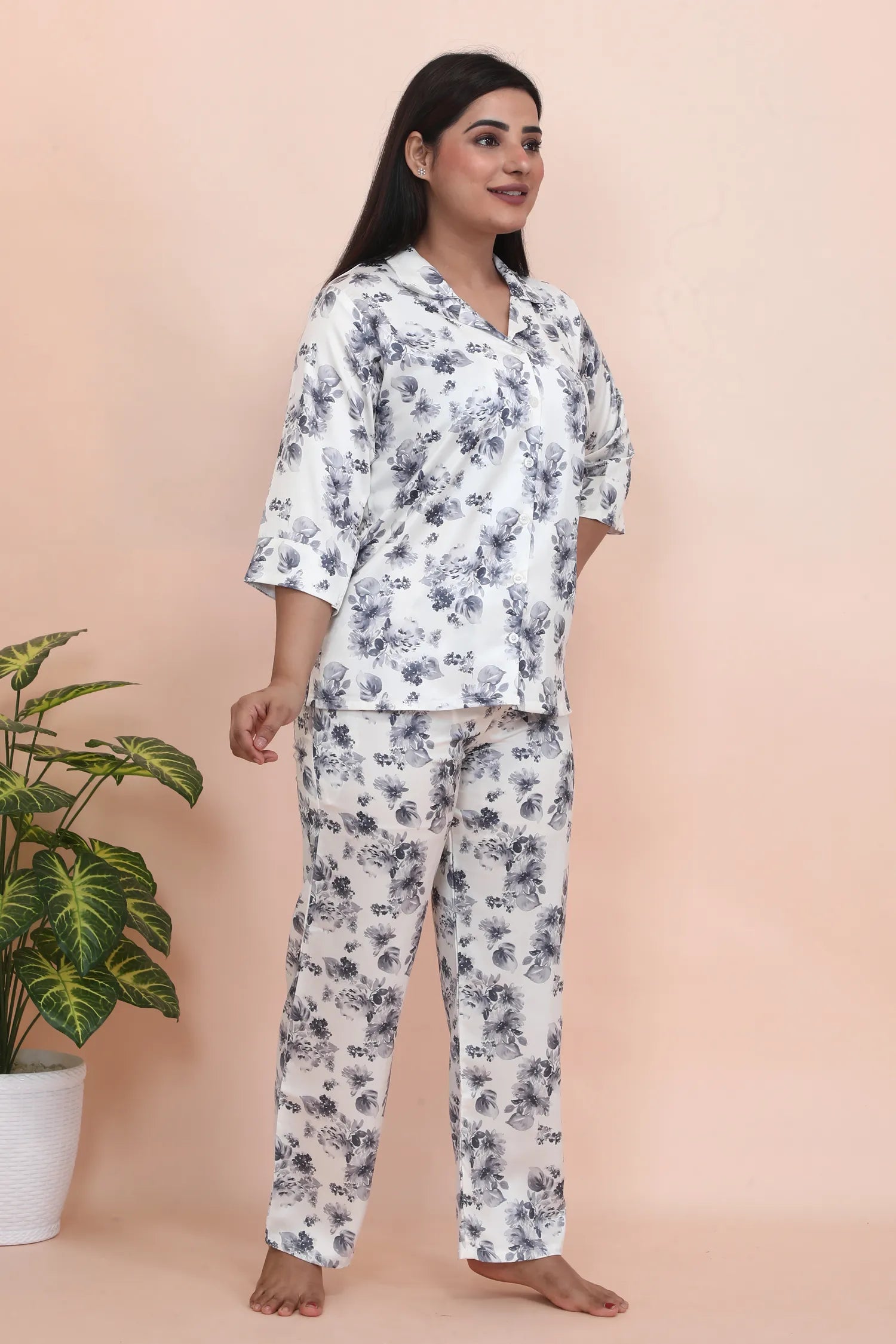 Velure Luxurious Cream Satin Night Suit - Velure - - 3/4 Sleeves, Collar Neck, Floral Print, Front Button Open, Full Length Pant, Satin