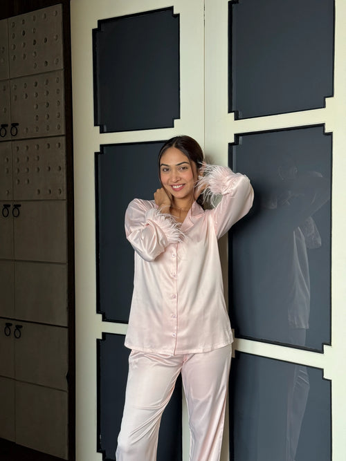 Velure Joyful Fur Satin Night Suit - Velure - Shirt and Pant - Collar Neck, Front Button Open, Full Length Pant, Full Sleeves, Fur, Satin