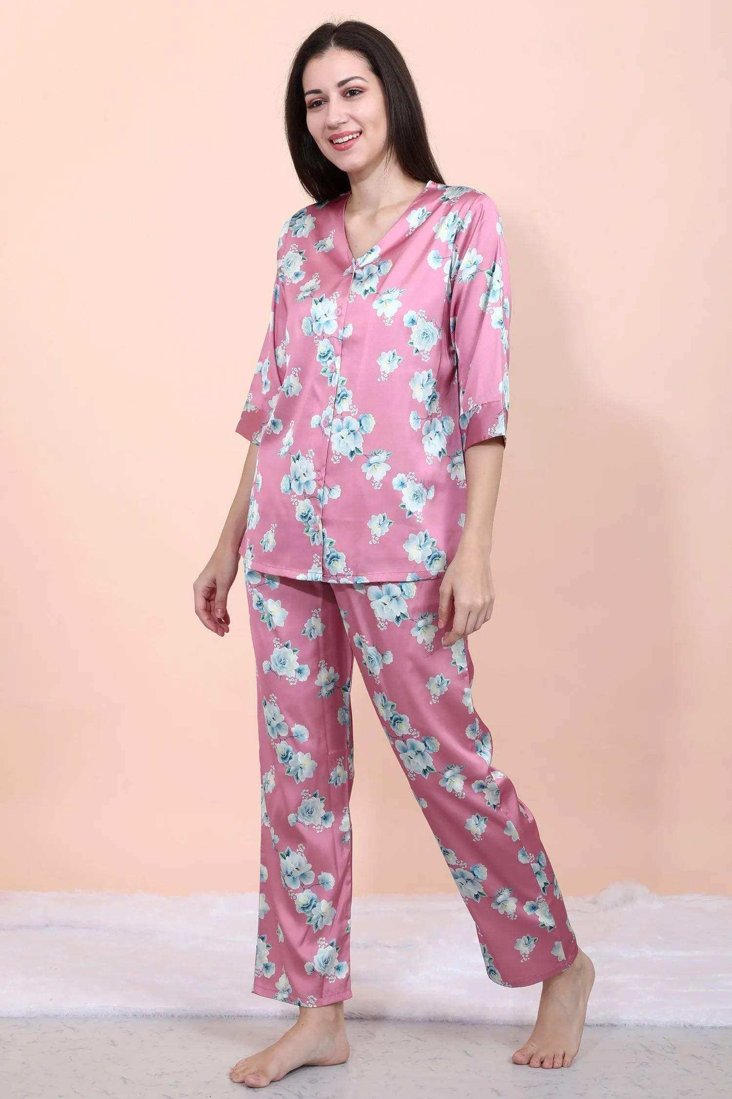 Velure Pink Floral Print Satin Night Suit - Velure - - Floral Print, Front Button Open, Full Length Pant, Satin, V Neck