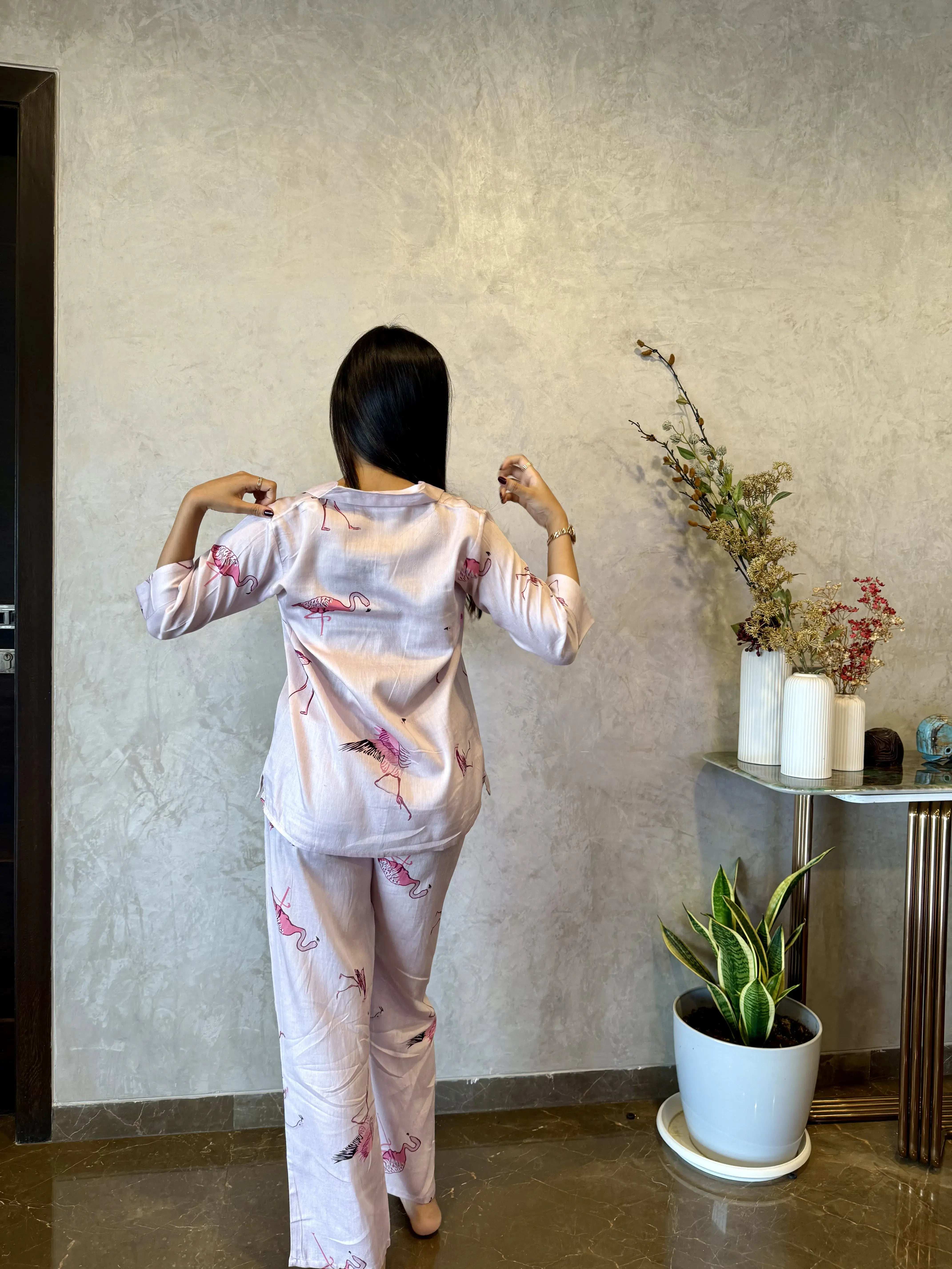 Velure Adorable Pink Flamingo Print Cotton Night Suit