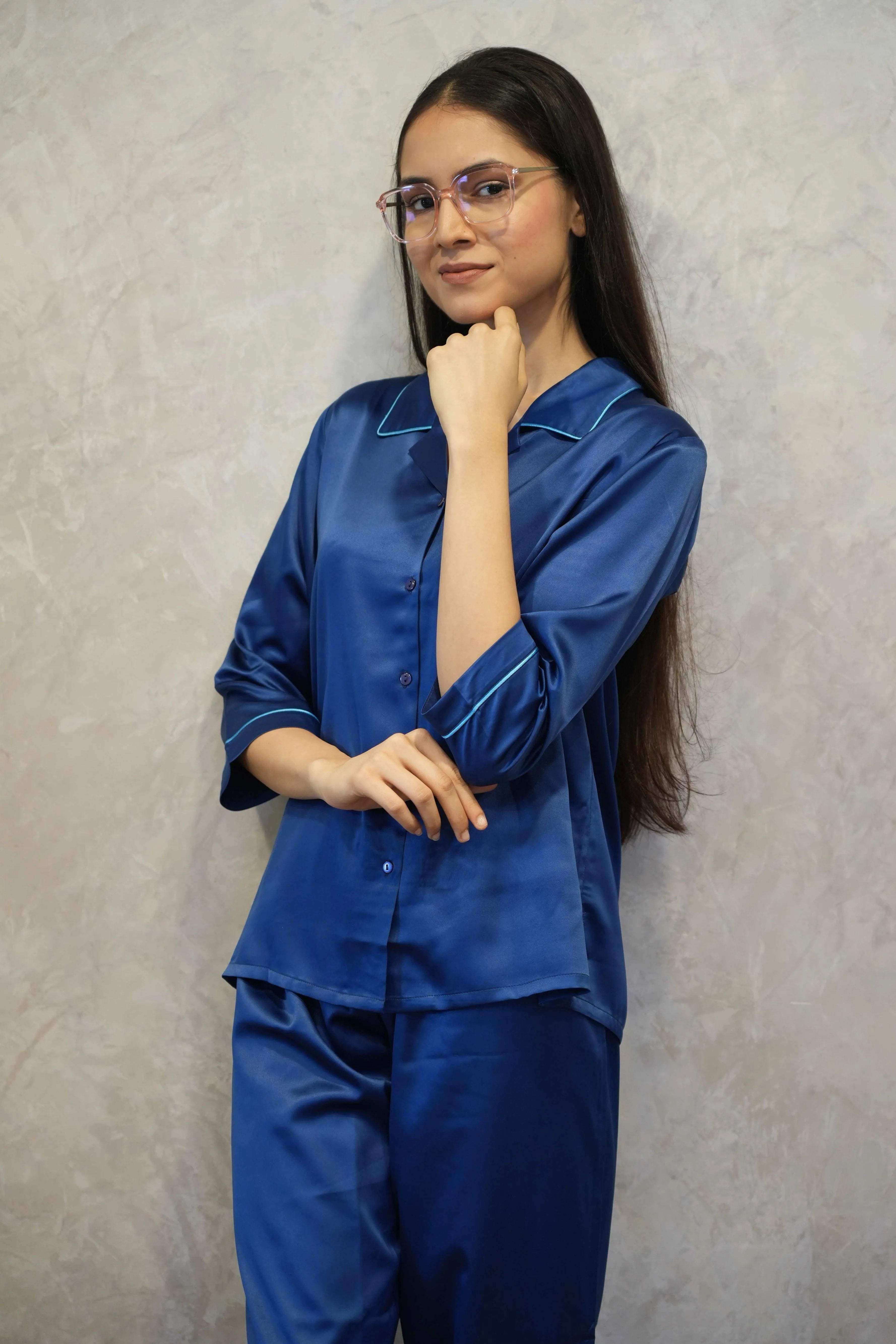 Velure Flerry Red Satin Night Suit - Velure - - 3/4 Sleeves, Collar Neck, Eye Mask, Front Button Open, Full Length Pant, Satin