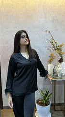 Velure Majestic Black Fur Night Suit - Velure, Shirt and Pant, Say goodbye to compromises on comfort during your leisure and sleep time with this sleek black fur night suit by Velure. Crafted from premium satin, it offers a stunning sheen, a soft touch, and exceptional comfort. The thoughtfully designed fit provides ample room for easy movement, while the plain satin and fur pattern make it a delight to wear. Embrace the opportunity to stay stylish in your personal space!