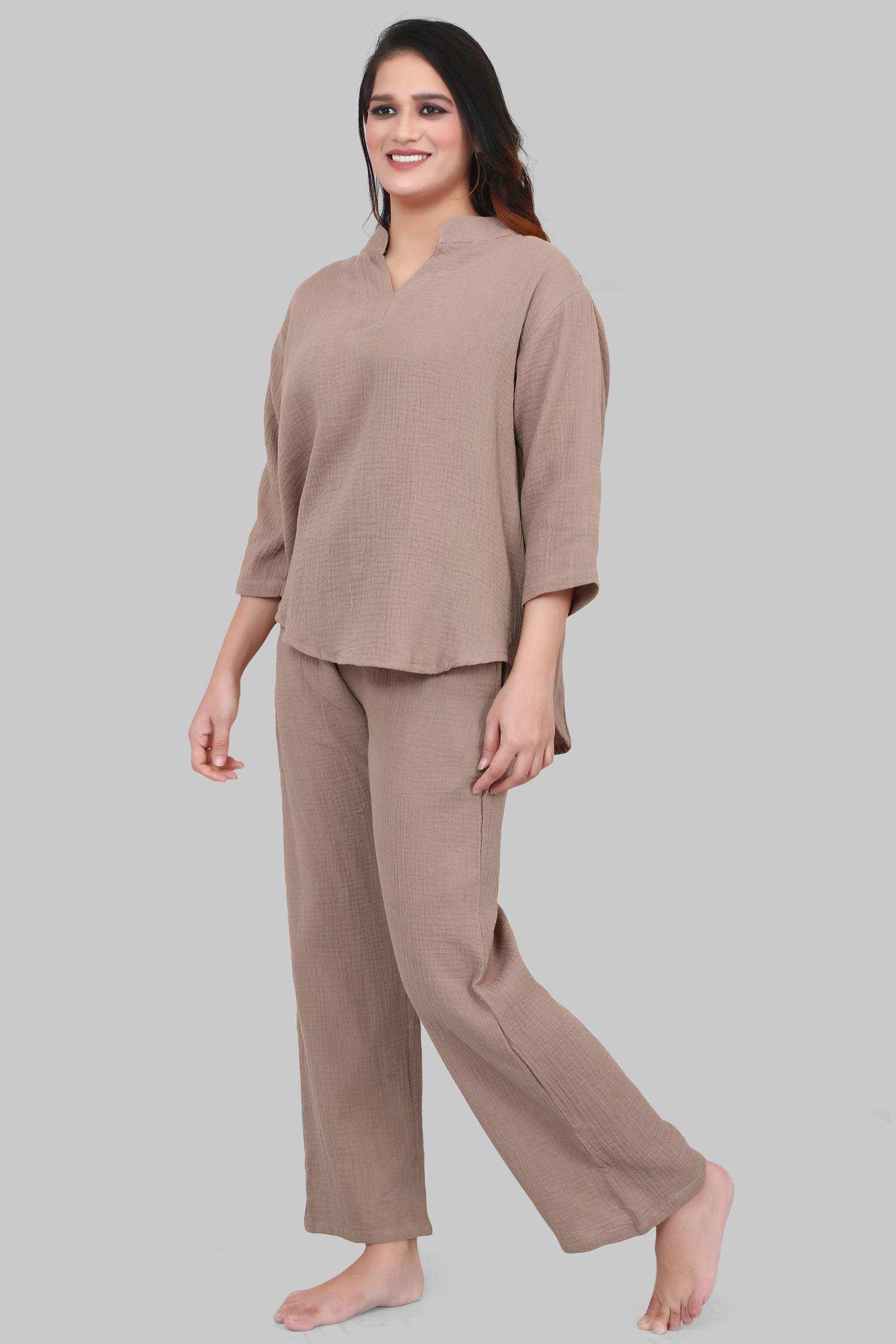 Velure Stylish Classic Co-ord Set - Velure - - 3/4 Sleeves, Collar Neck, Cotton, Full Length Pant