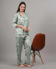 Velure Vintage Flowery Satin Print Night Suit - Velure, Shirt and Pant, Pump up your style quotient with this utmost comfort with this awesome Velure's Vintage Flowery Satin Night Suit. Beautifully crafted soft satin fabric for luxurious softness and unmatched ease of wear, its print pattern makes it a joy to be in. The suit includes a shirt with full sleeves and full-length pants with an elastic waistband for a comfortable fit. Get ready for some deep sleep and the sweetest of dreams!