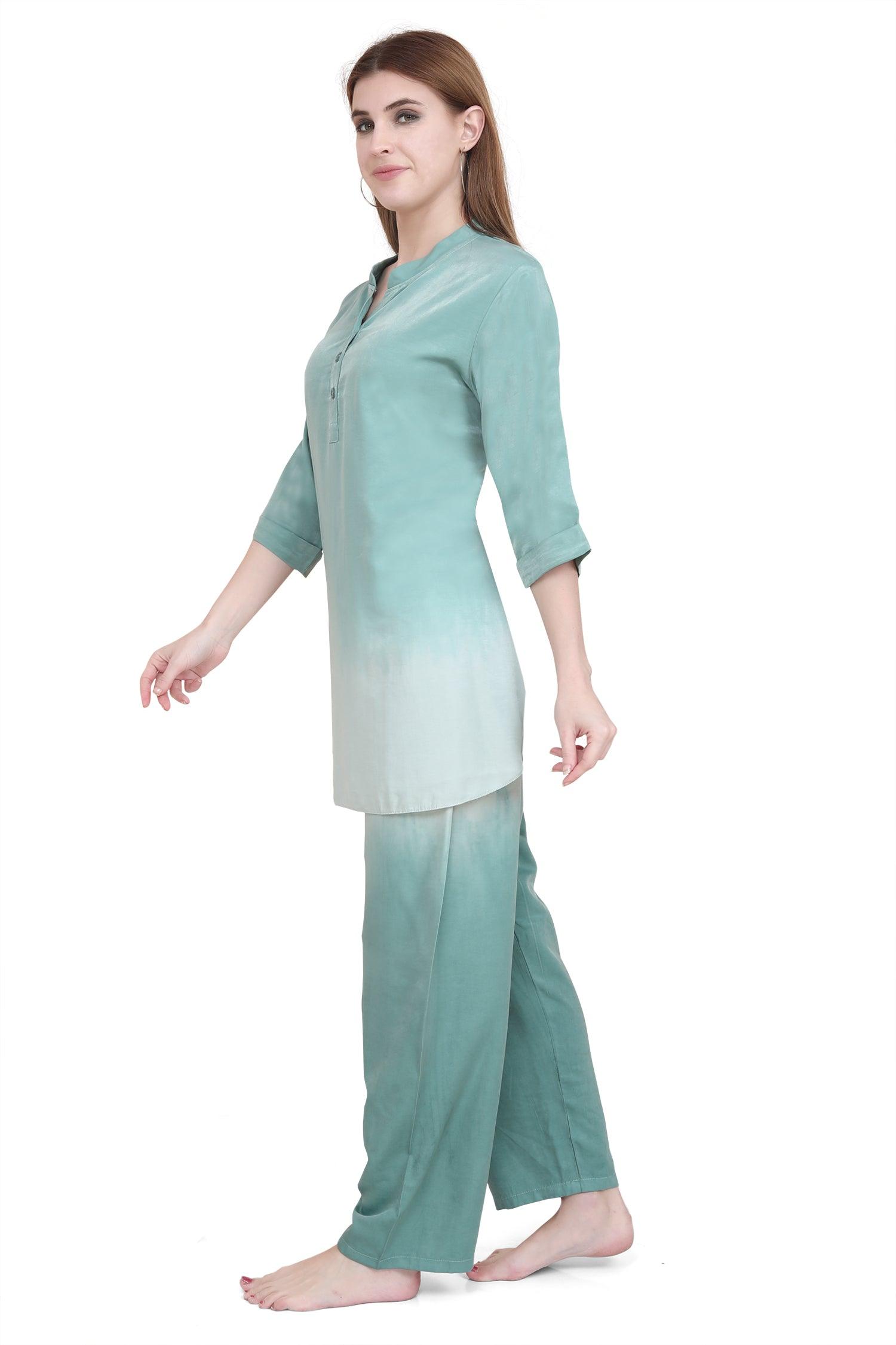 Velure Stunning Green Dual Shade Kurti Style Night Suit - Velure - Long Top and Pant - 3/4 Sleeves, Collar Neck, Cotton, Front Button Open, Full Length Pant