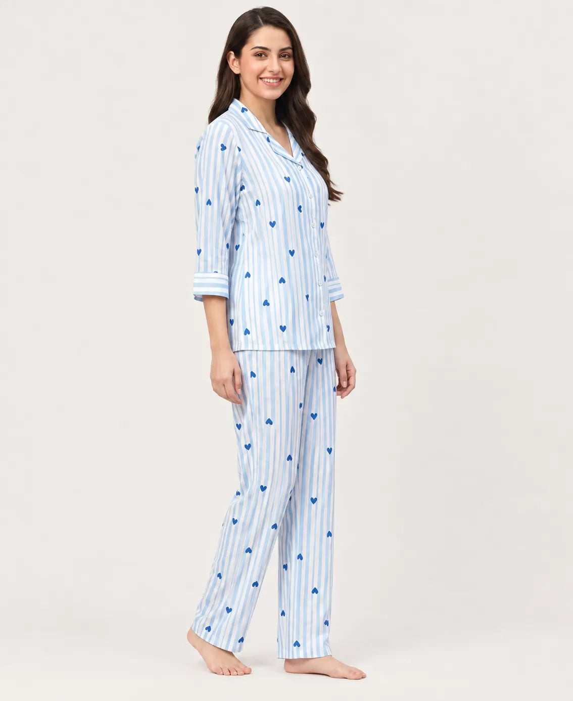 Velure Blue Heart Stripe Print  Night Suit
