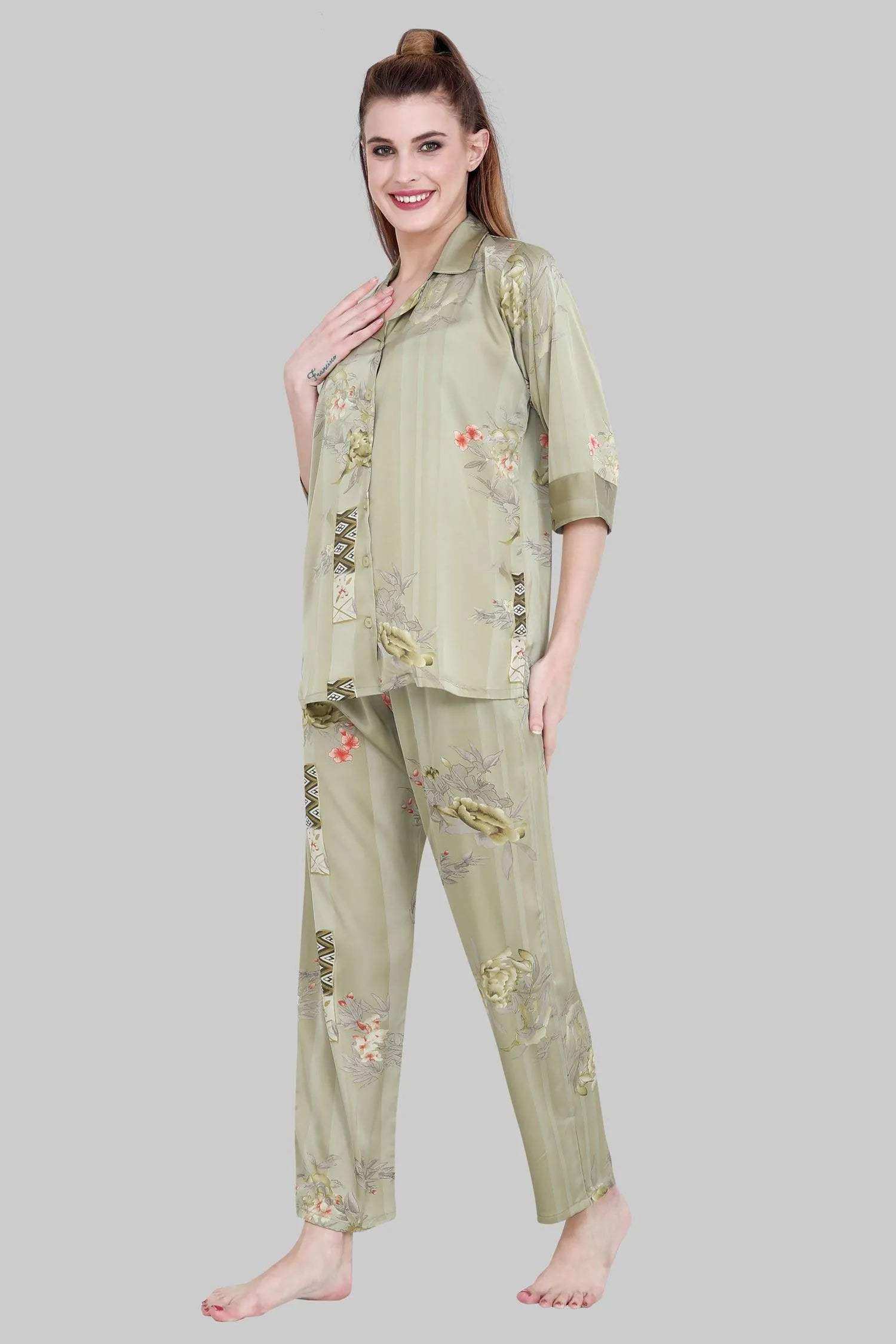 Velure Embellished Floral Print Satin Night Suit - Velure - - 3/4 Sleeves, Collar Neck, Floral Print, Front Button Open, Full Length Pant