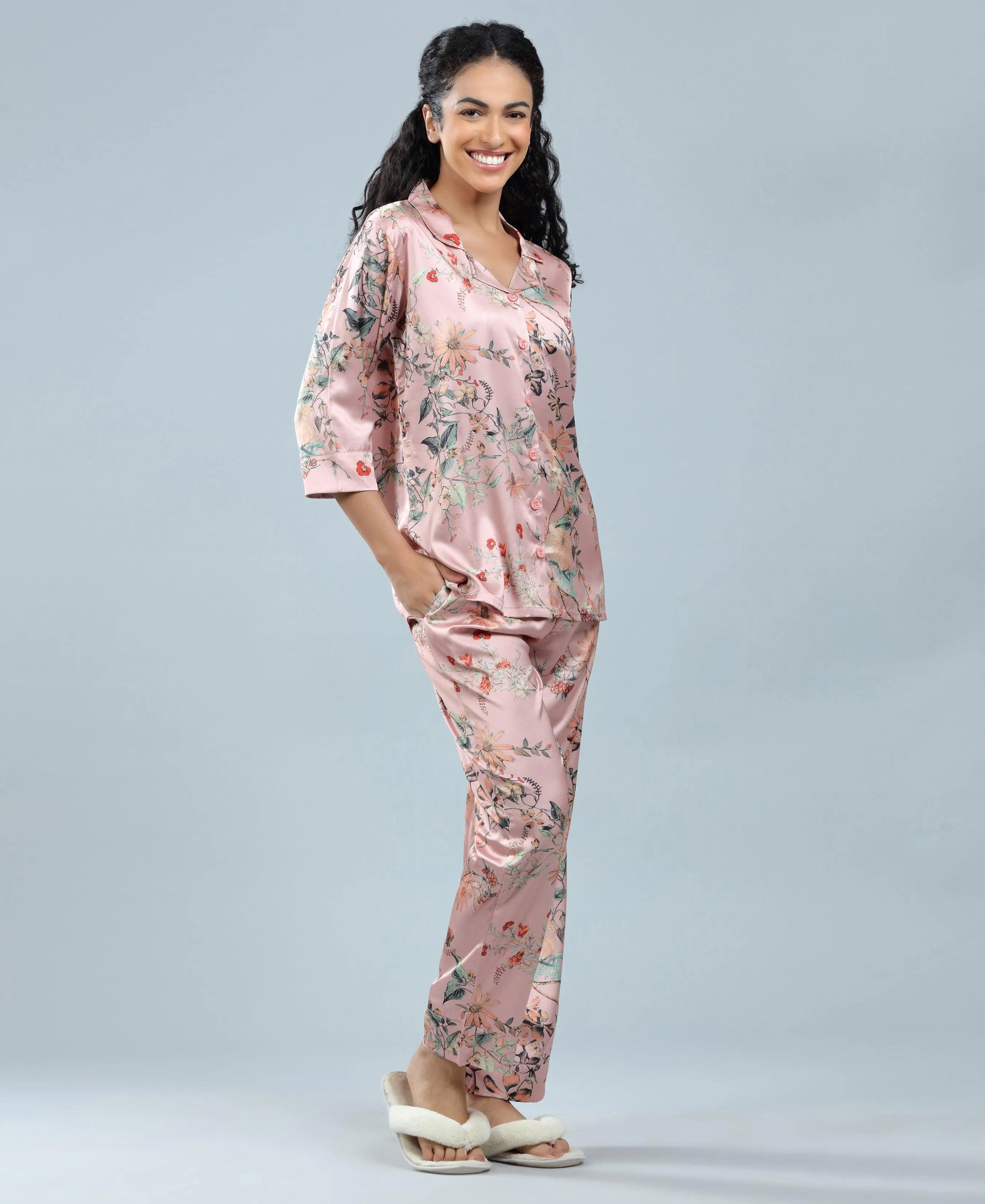 Velure Floral Print Satin Night Suit - Velure, Shirt and Pant, Unwind in style with Velure's Floral Print Satin Night Suit. Made from soft satin fabric, it features a beautiful floral print. The suit includes a shirt with full sleeves and full-length pants with an elastic waistband for a comfortable fit. Perfect for a good night's sleep or lounging.