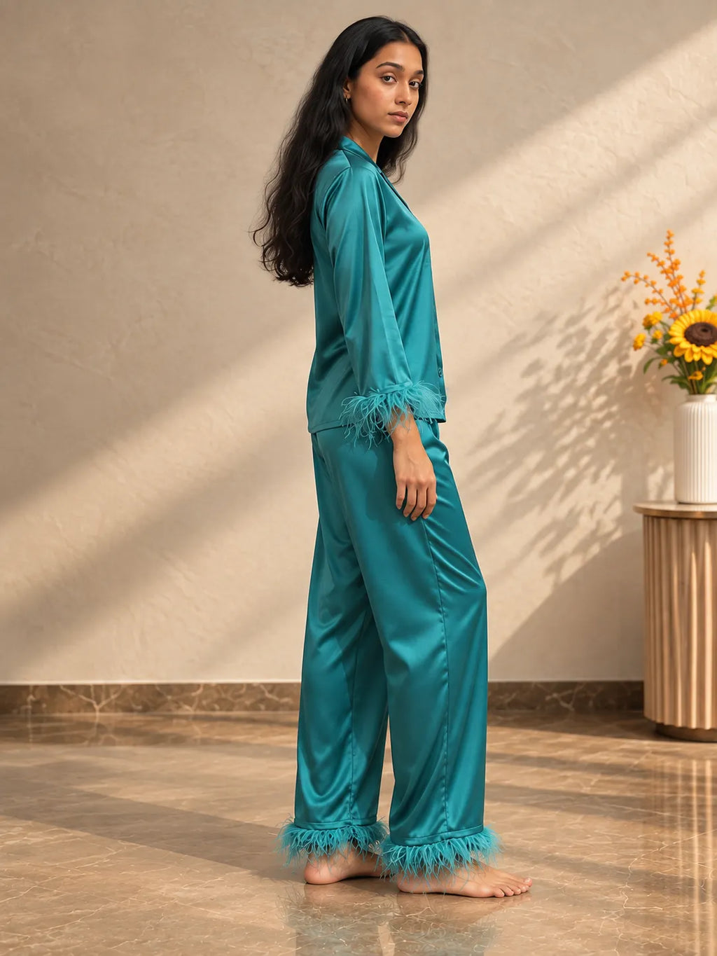Velure Midnight Teal Luxe  Fur Night Suit