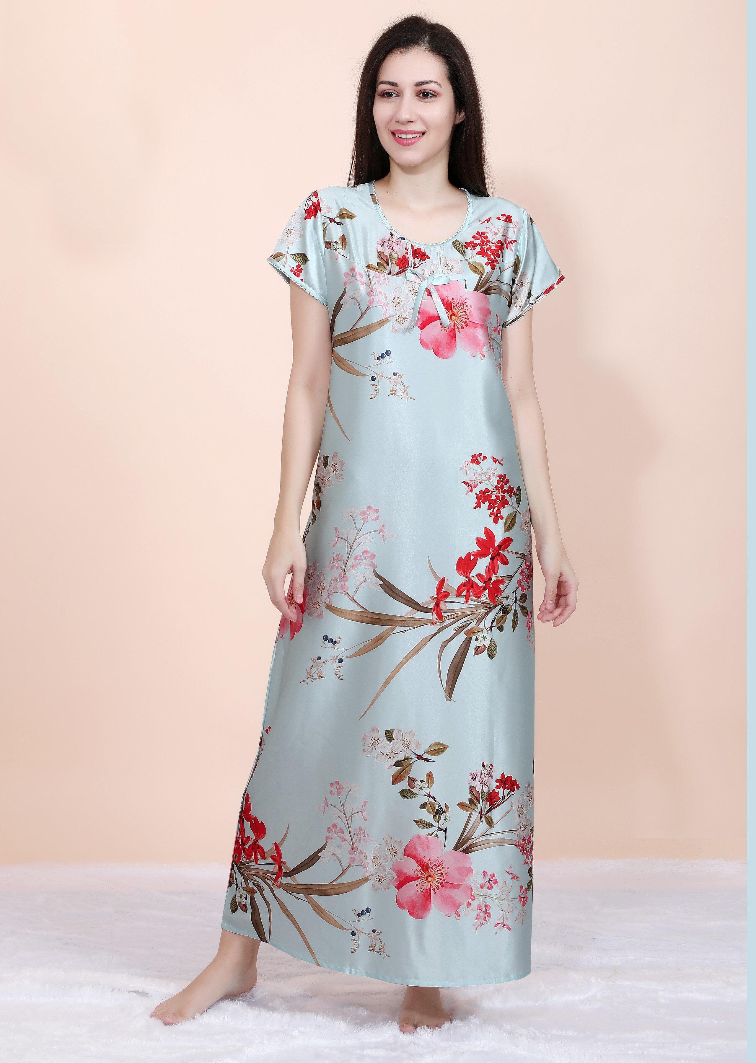 Velure Classic Floral Print Satin Nighty - Velure - Nighty - Floral Print, Full Length Nighty, Half Sleeves Nighty, Satin