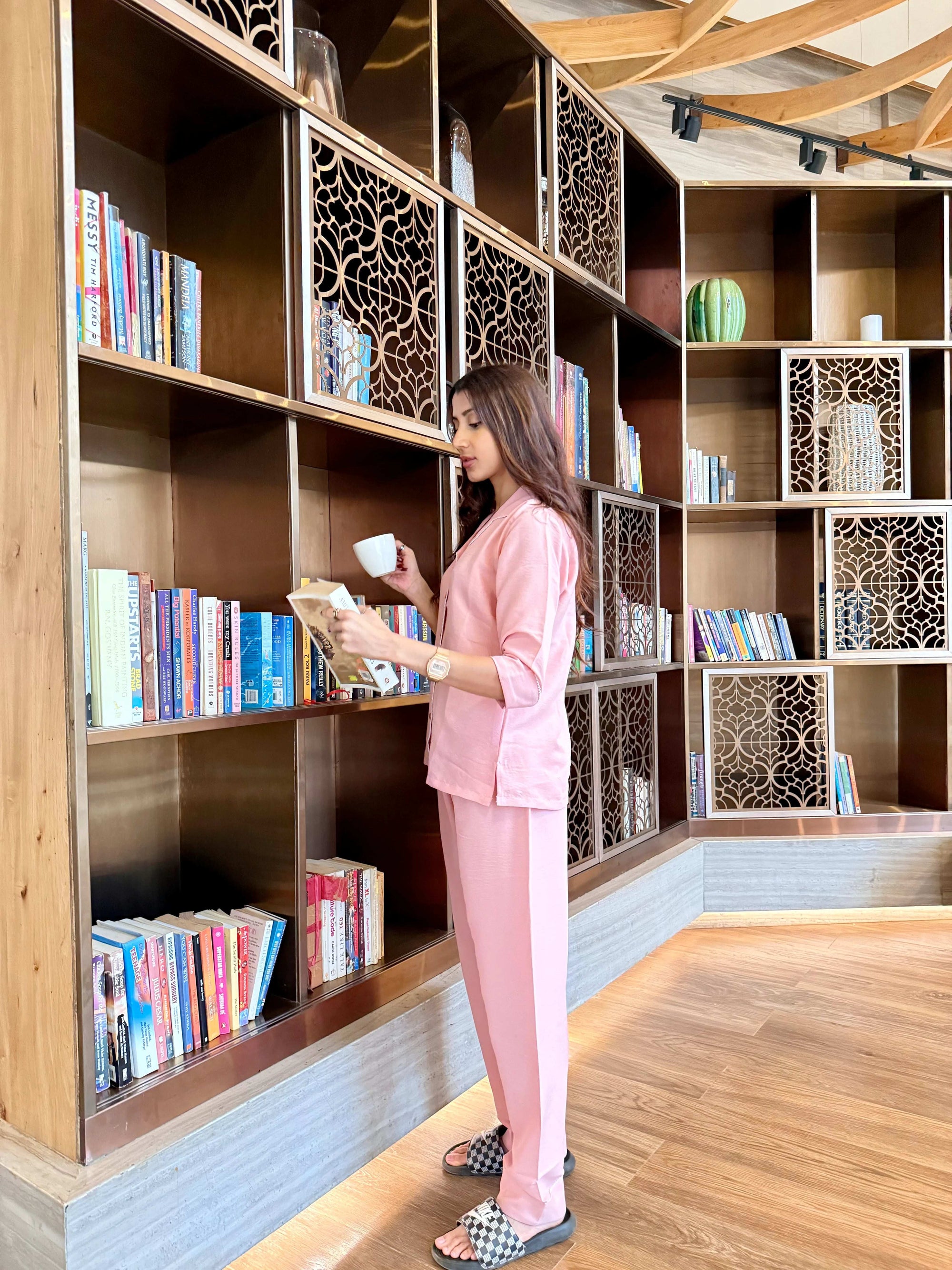 Velure Peach Cotton Serenity Night Suit - Velure - - 3/4 Sleeves, Collar Neck, Cotton, Detail-scallop, Front Button Open, Full Length Pant