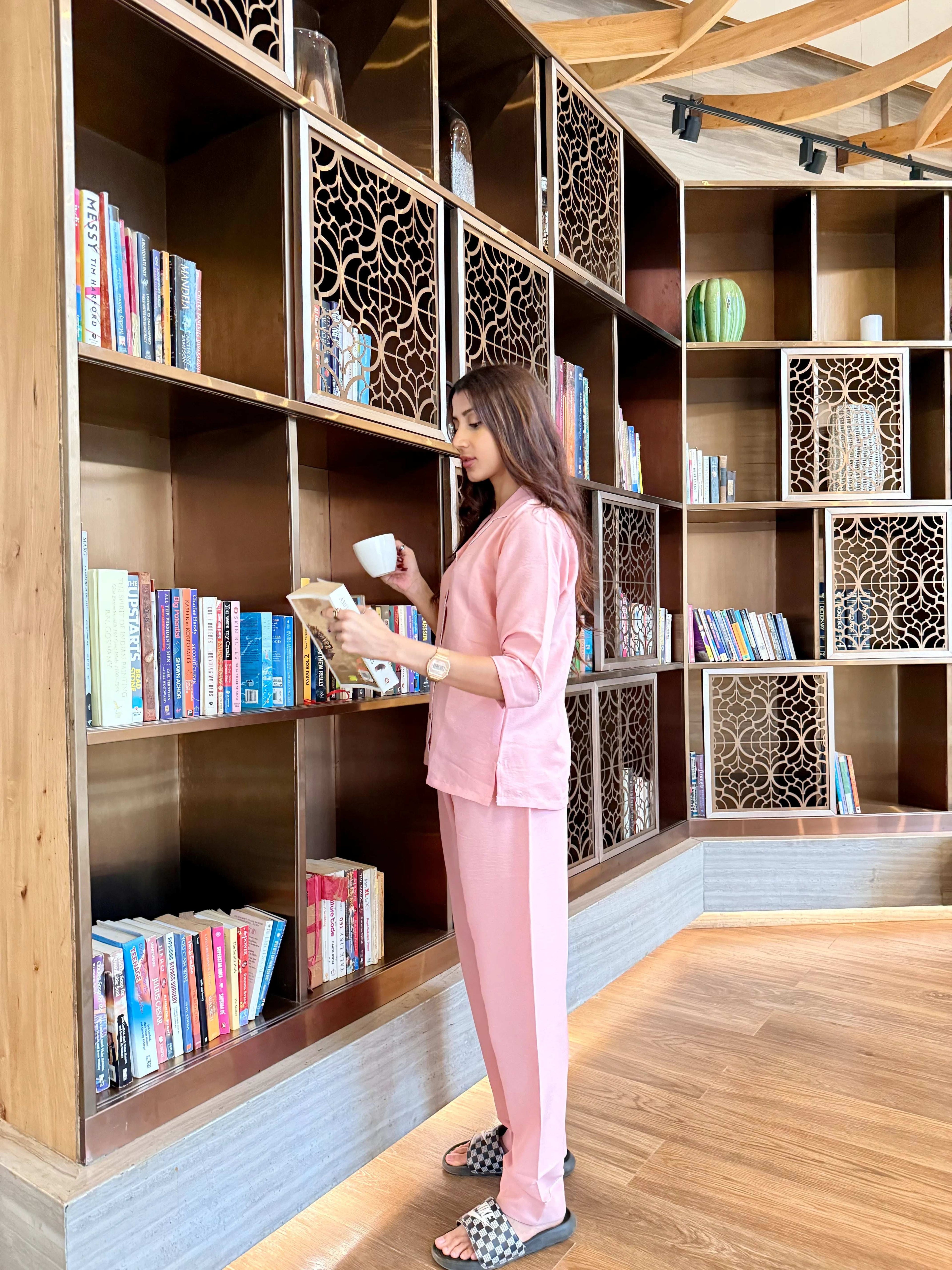 Velure Peach Cotton Serenity Night Suit - Velure - - 3/4 Sleeves, Collar Neck, Cotton, Detail-scallop, Front Button Open, Full Length Pant