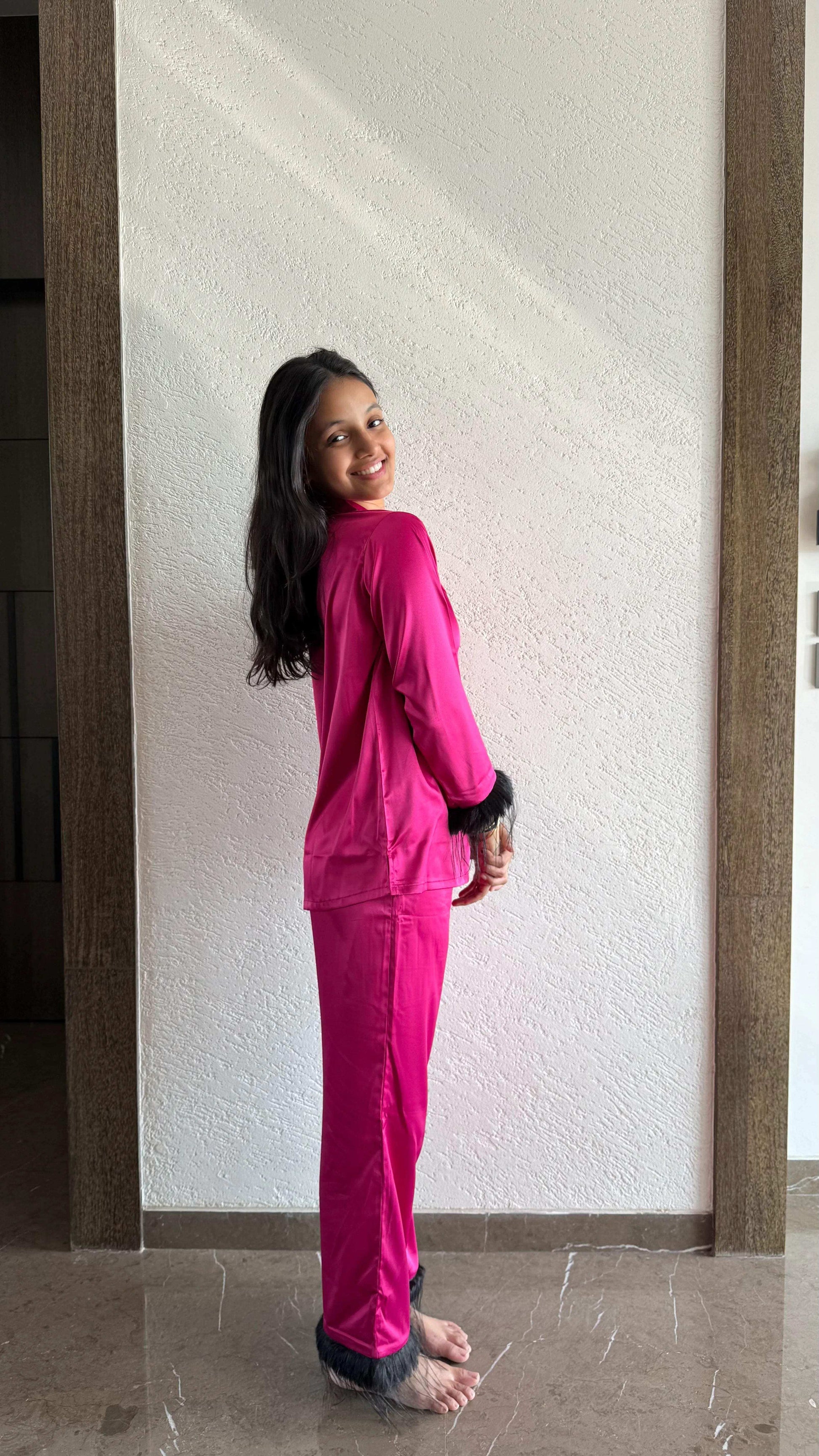 Velure Sparkling Rose Pink Fur Satin Night Suit - Velure - Shirt and Pant - Collar Neck, Front Button Open, Full Length Pant, Full Sleeves, Fur, Satin