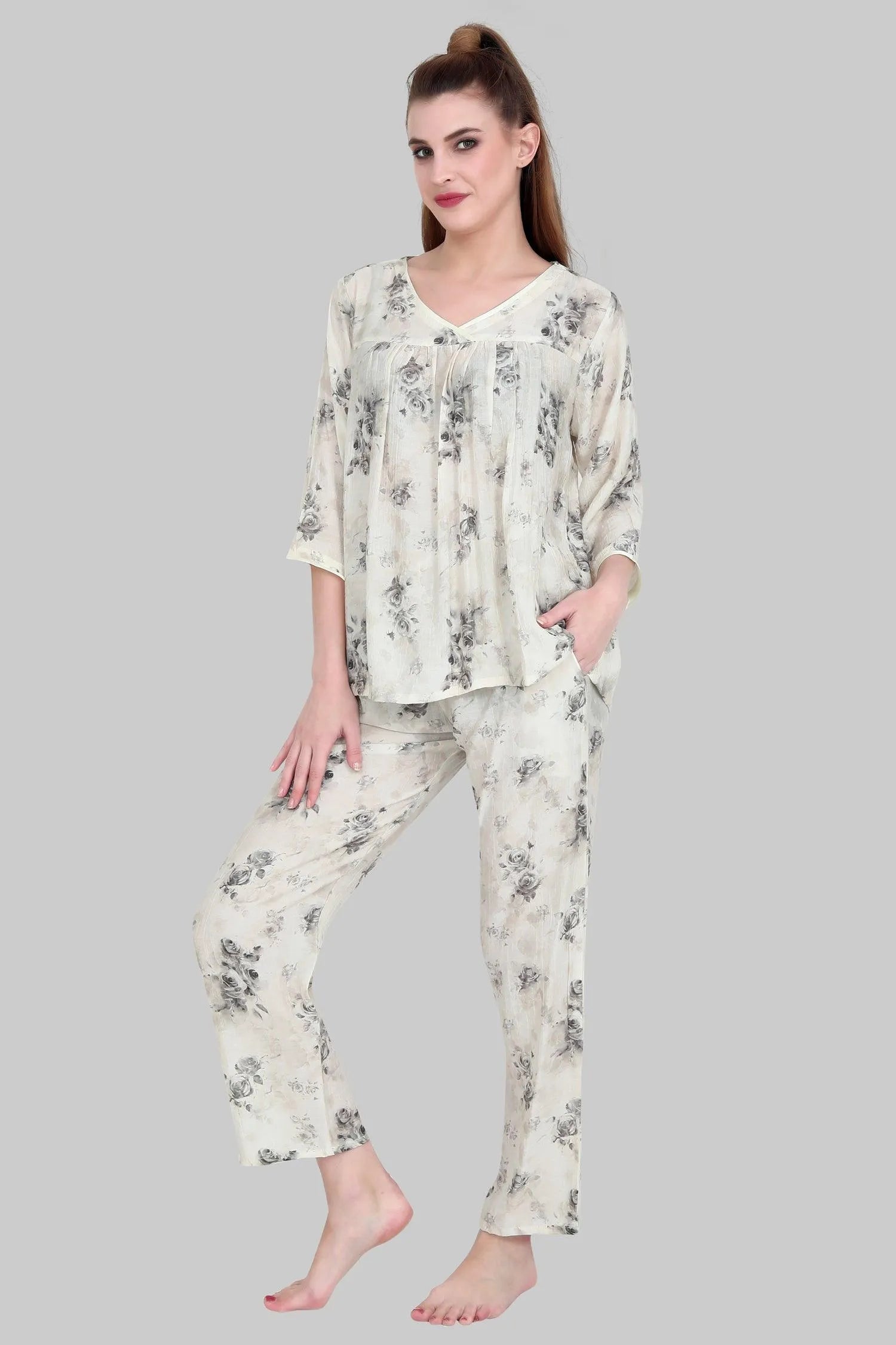 Velure Elegant Rose Print Frock-Style Night Suit - Velure - Long Top and Pant - 3/4 Sleeves, Floral Print, Frock Style, Full Length Pant, Linen, V Neck