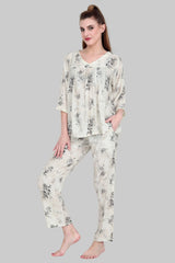 Velure Elegant Rose Print Frock-Style Night Suit - Velure - Long Top and Pant - 3/4 Sleeves, Floral Print, Frock Style, Full Length Pant, Linen, V Neck