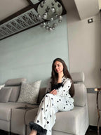Velure Fashionable Black Heart Fur Print Night Suit - Velure - - Detail-printedfur, Front Button Open, Full Length Pant, Fur, Satin