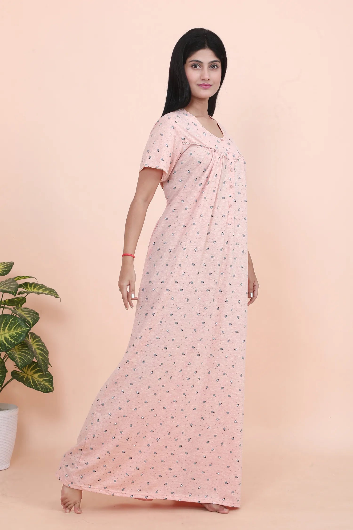 Velure Peach Floral Print Hosiery Nighty