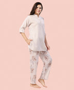 Velure Grace Floral Print Kurti Style Night Suit - Velure - - 3/4 Sleeves, Collar Neck, Full Length Pant, Linen, Printed