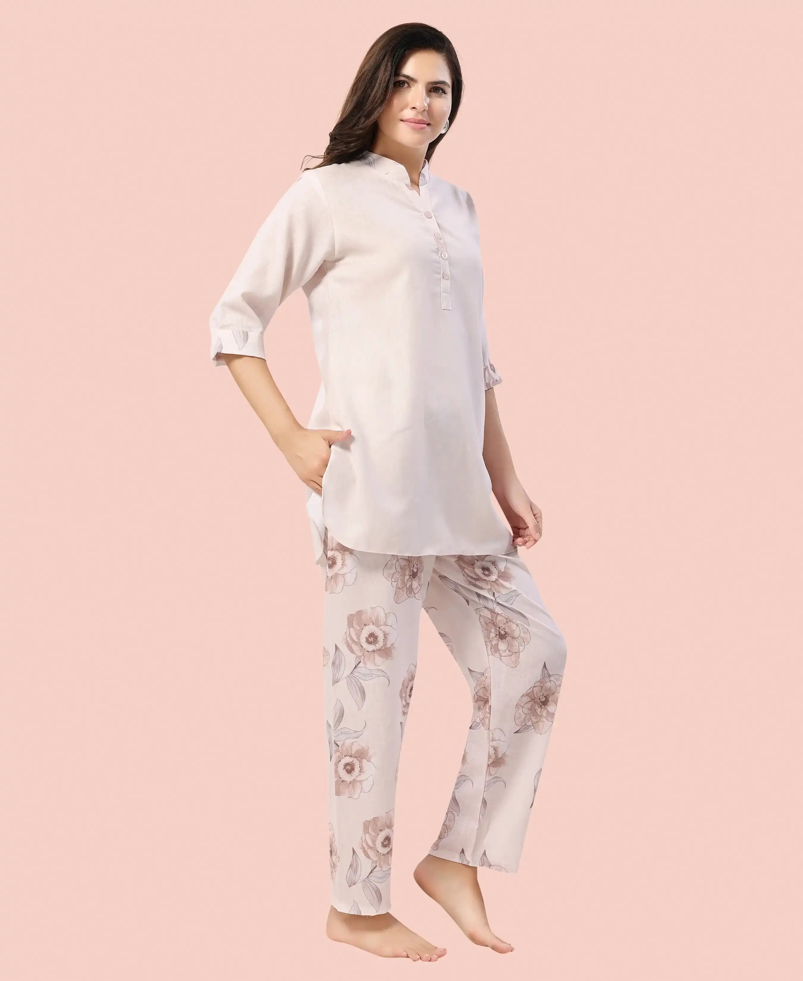 Velure Grace Floral Print Kurti Style Night Suit - Velure - - 3/4 Sleeves, Collar Neck, Full Length Pant, Linen, Printed