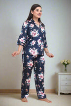 Velure Pleasing Floral Print Satin Night Suit - Velure - - 3/4 Sleeves, Collar Neck, Floral Print, Front Button Open, Full Length Pant, Satin