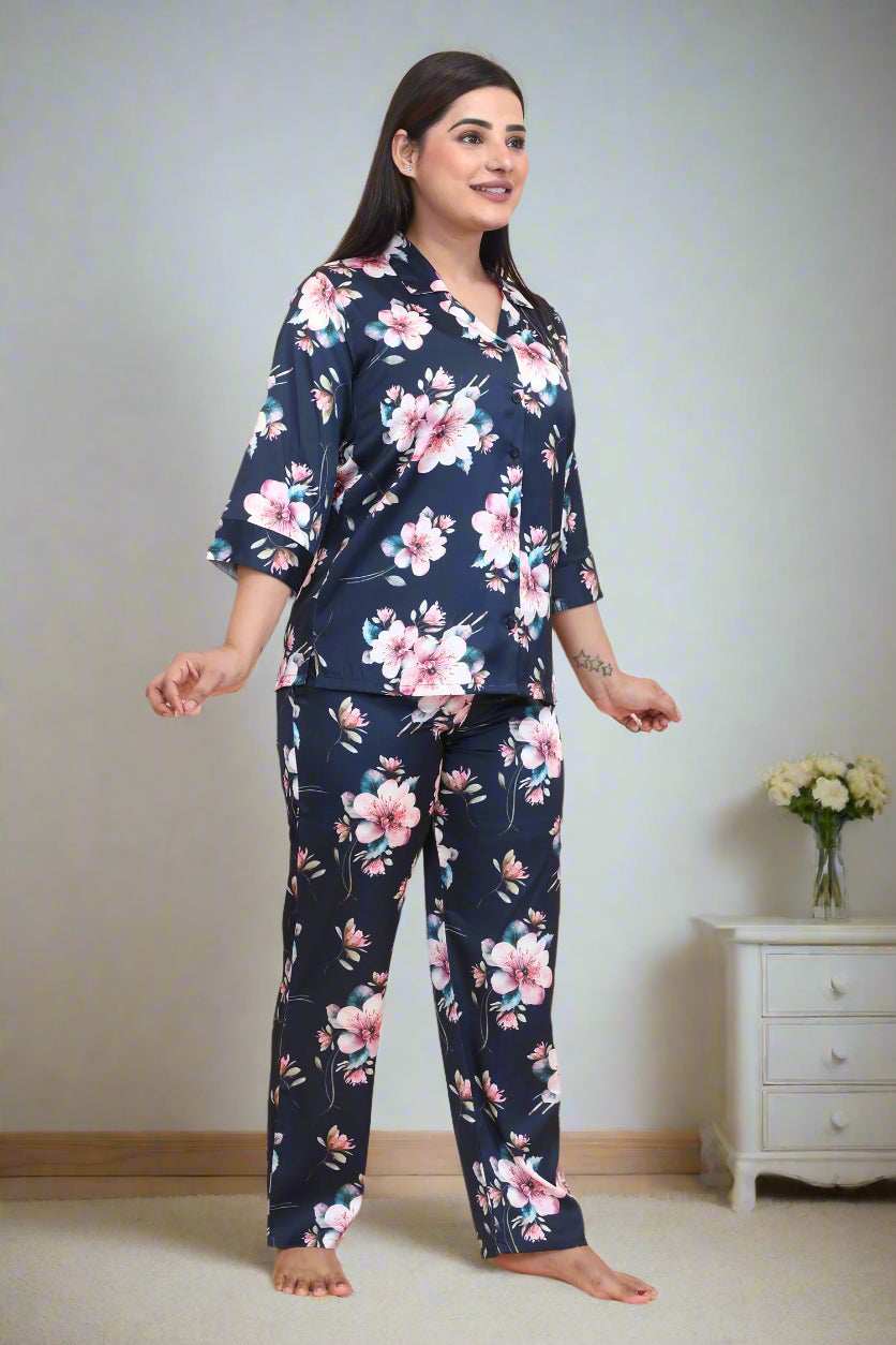 Velure Pleasing Floral Print Satin Night Suit - Velure - - 3/4 Sleeves, Collar Neck, Floral Print, Front Button Open, Full Length Pant, Satin