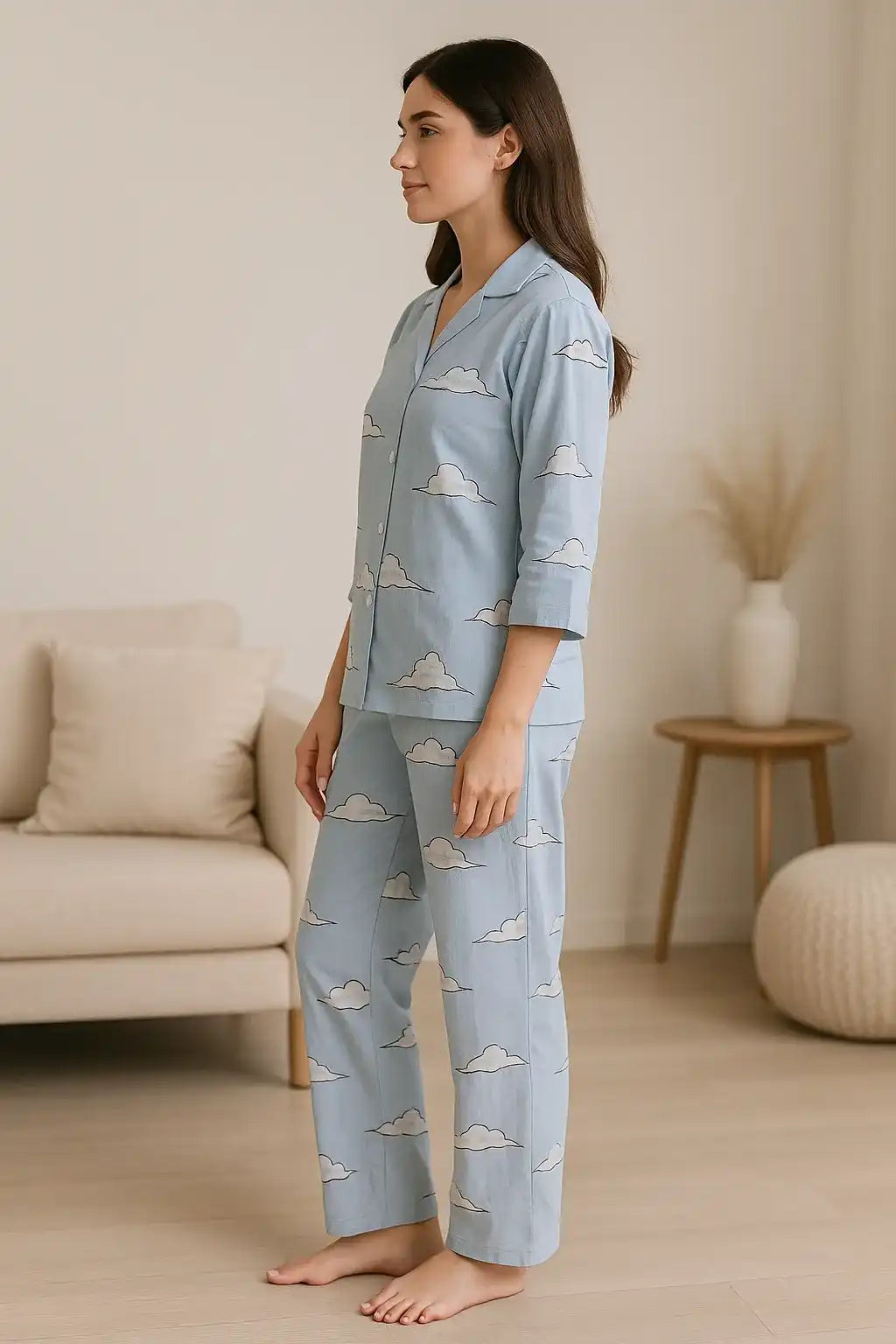 Velure Classic Grey Cloud Print Cotton Night Suit - Velure - - 3/4 Sleeves, Collar Neck, Cotton, Front Button Open, Full Length Pant