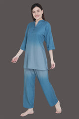 Velure Delightful Teal-Blue Dual Shade Kurti Style Night Suit - Velure - Long Top and Pant - 3/4 Sleeves, Collar Neck, Cotton, Front Button Open, Full Length Pant