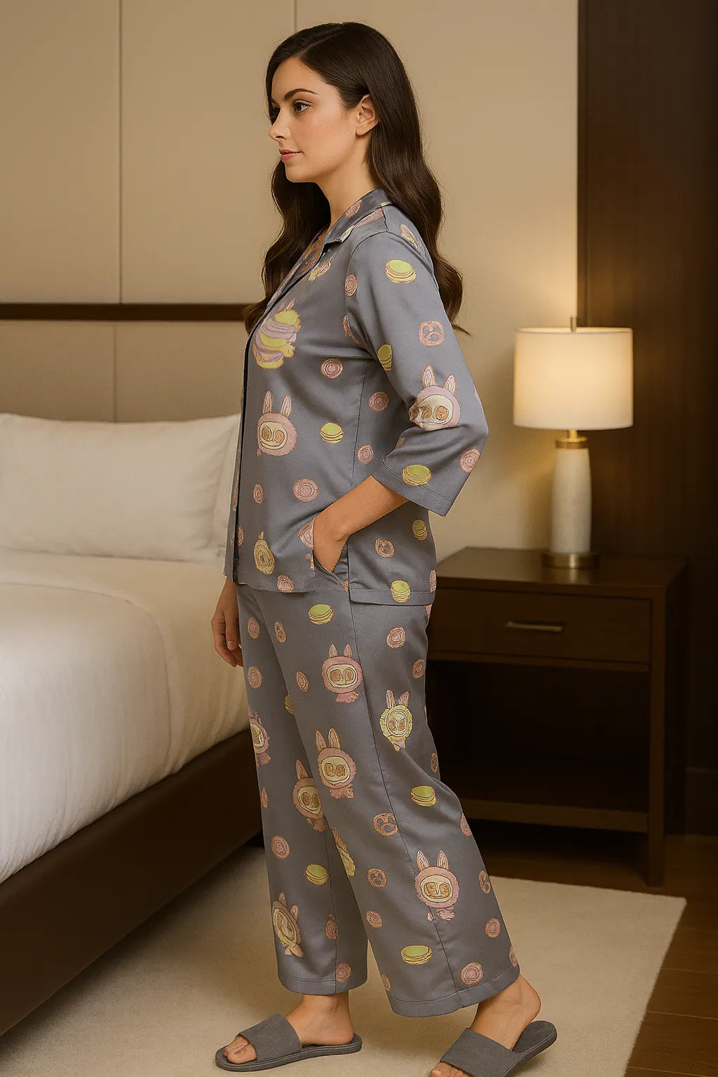 Velure Labubu Grey Satin Night Suit